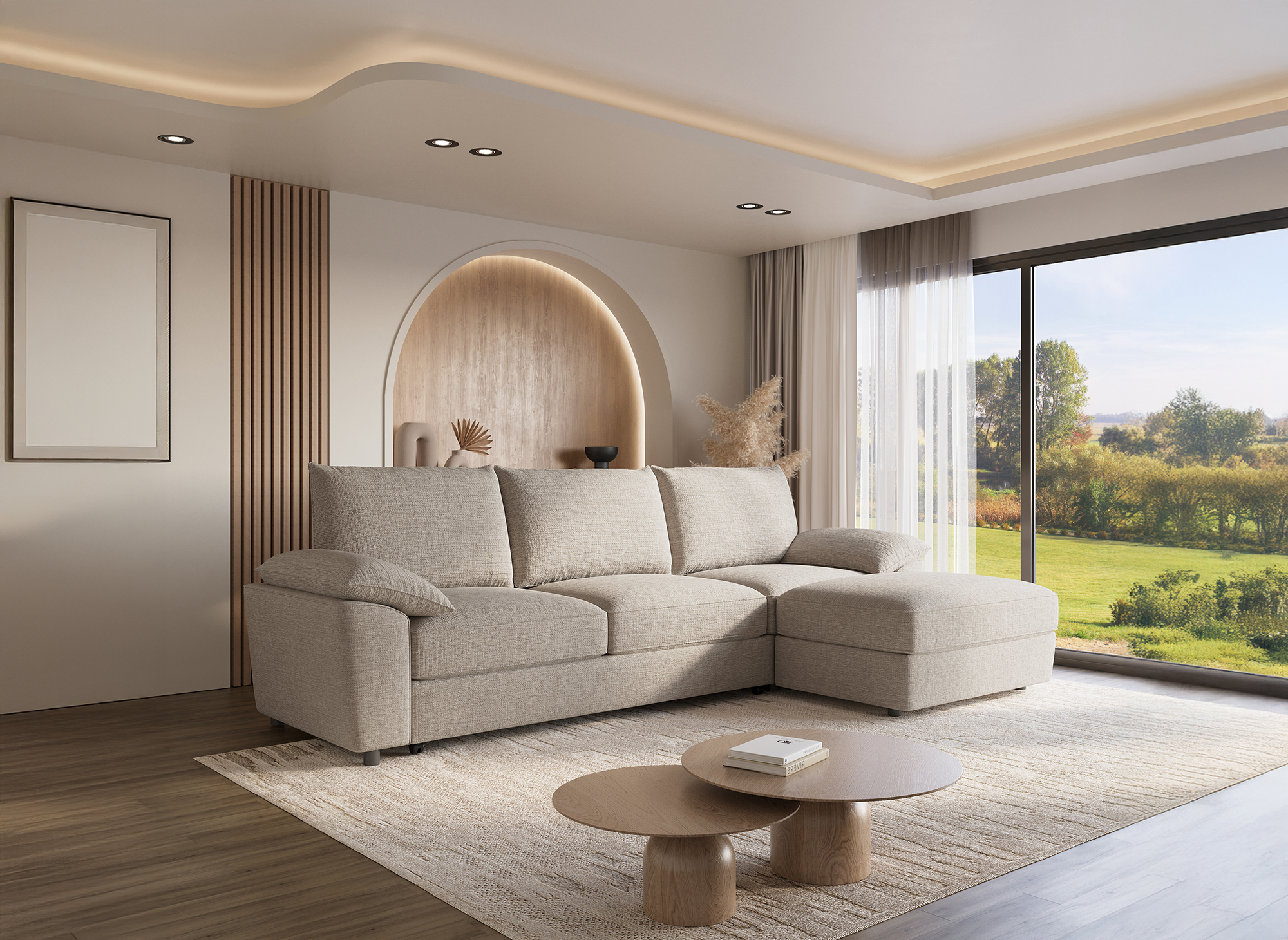 Canapé d'angle convertible avec coffre de rangement en velours chiné beige GABIN - Angle droit