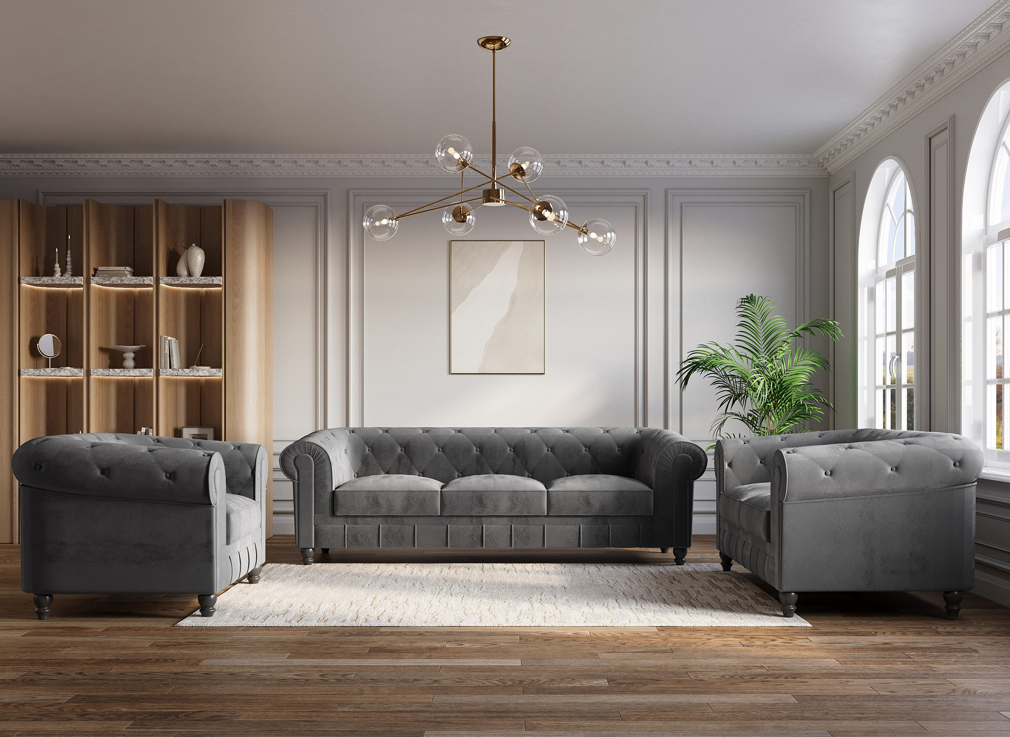 Canapé 2 places velours Gris CHESTERFIELD
