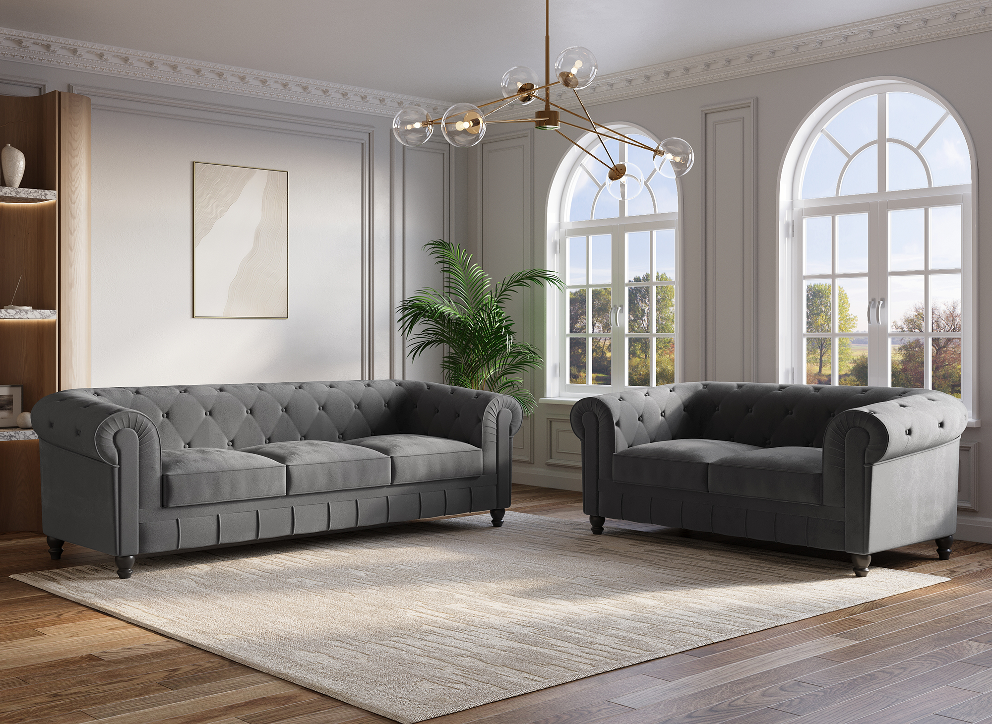 Canapé 2 places velours Gris CHESTERFIELD