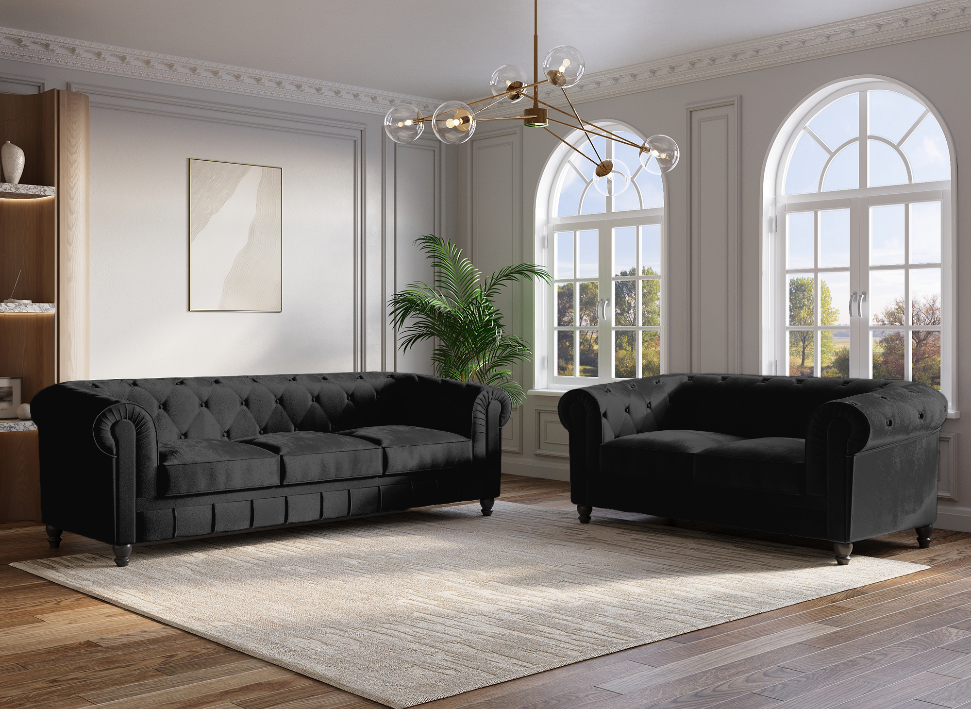 Canapé 2 places velours noir CHESTERFIELD
