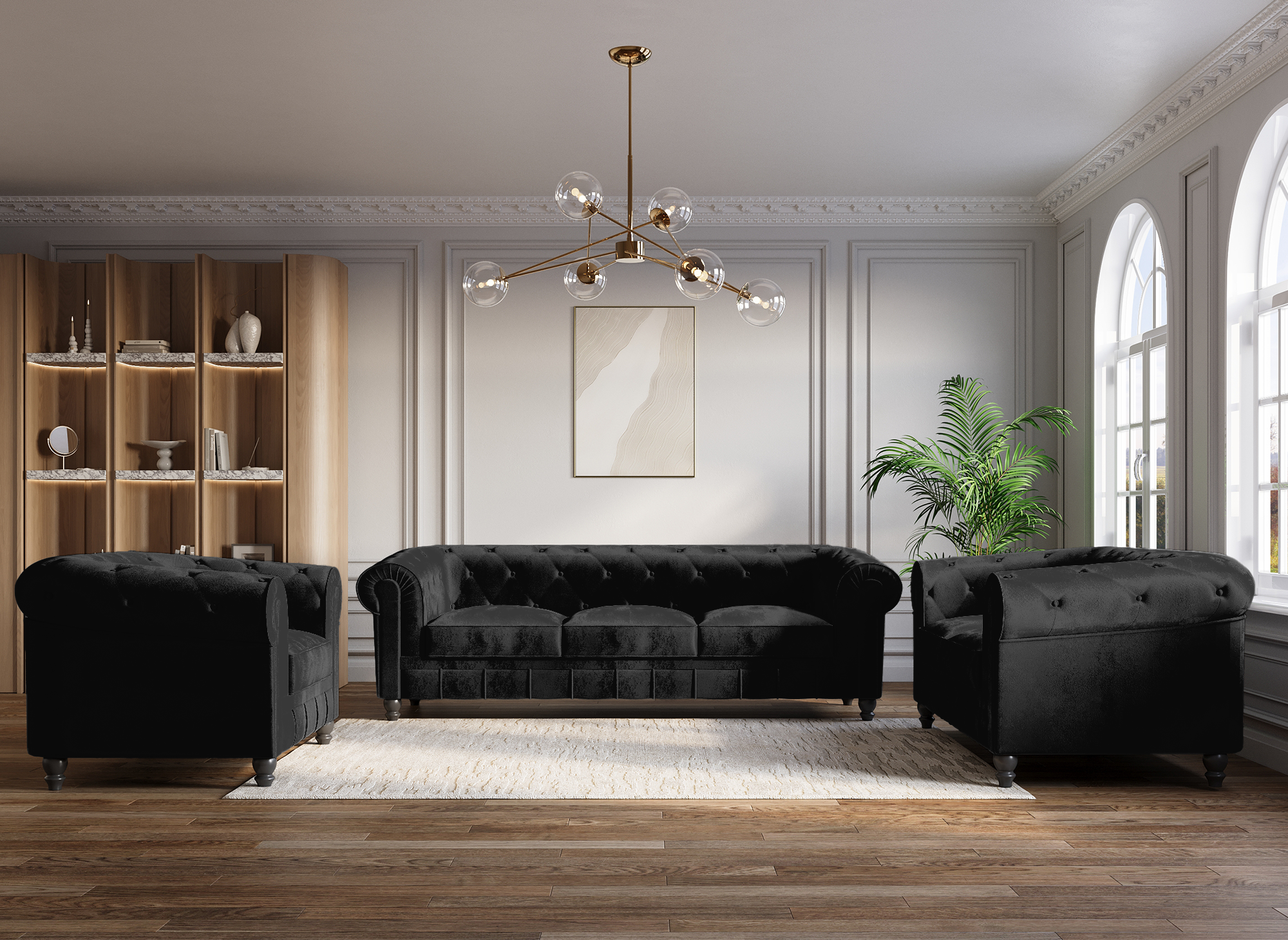 Canapé 2 places velours noir CHESTERFIELD