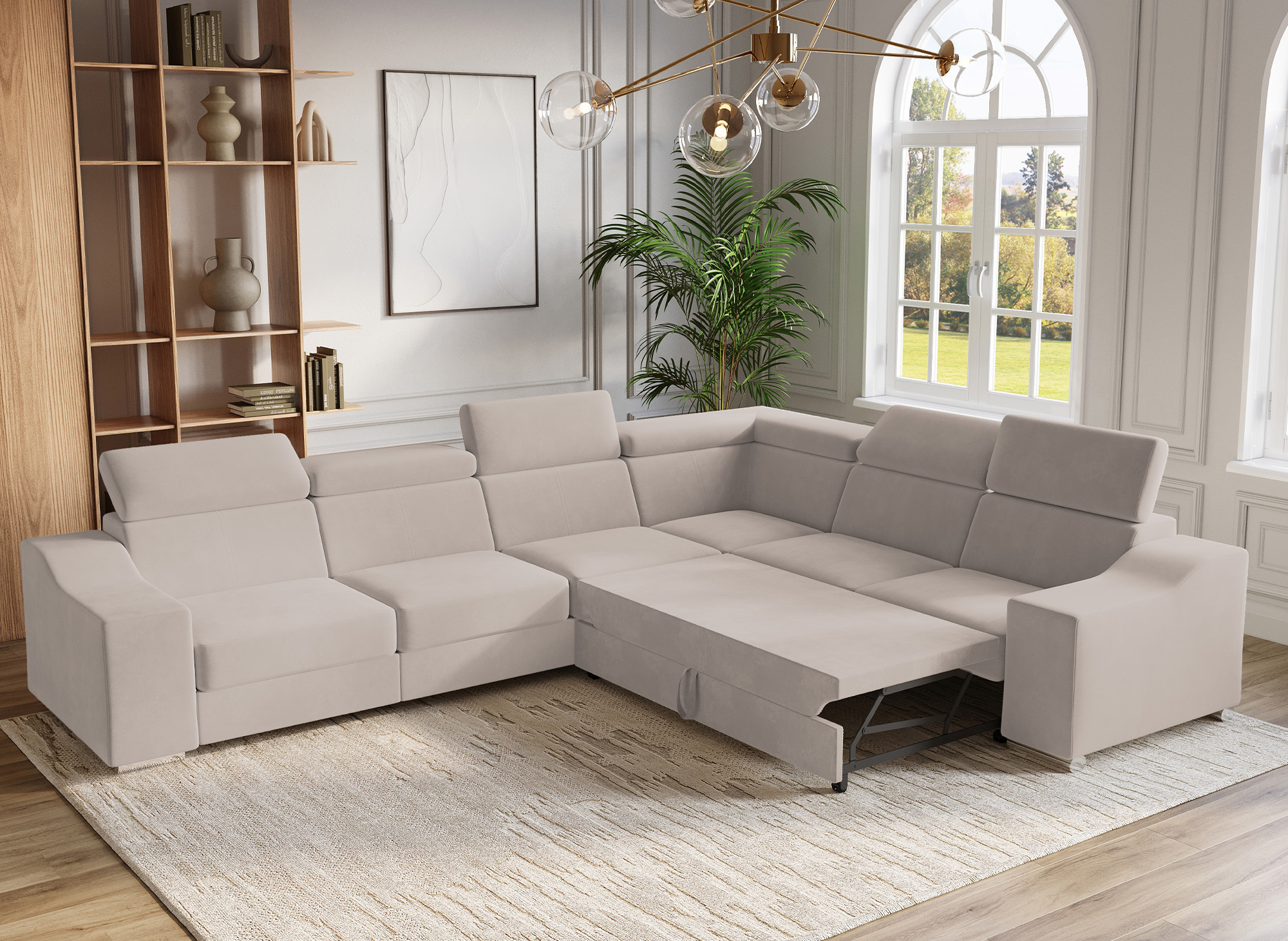 Canapé d’angle convertible réversible en velours beige LEONIE
