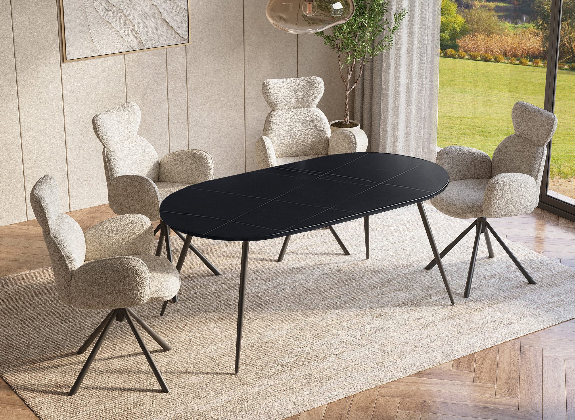 Table à manger ovale effet marbre noir DIWAN