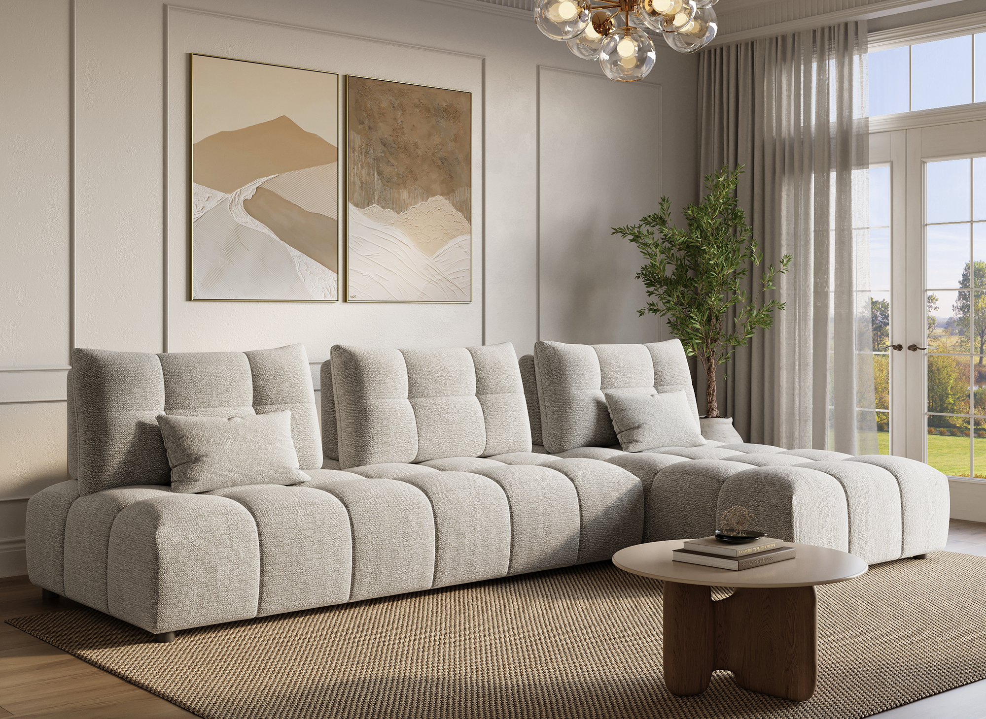 Canapé d'angle réversible en velours chiné beige ALANA