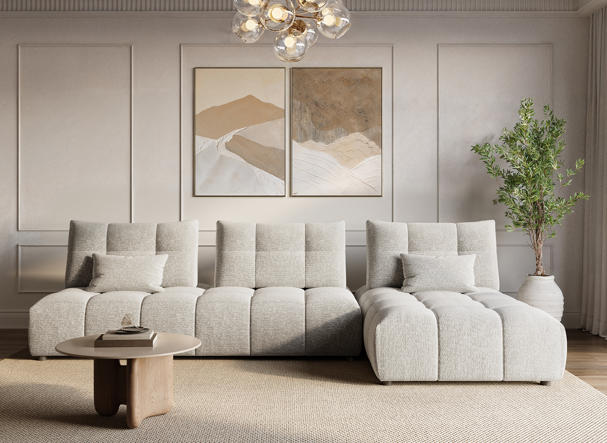 Canapé d'angle réversible en velours chiné beige ALANA