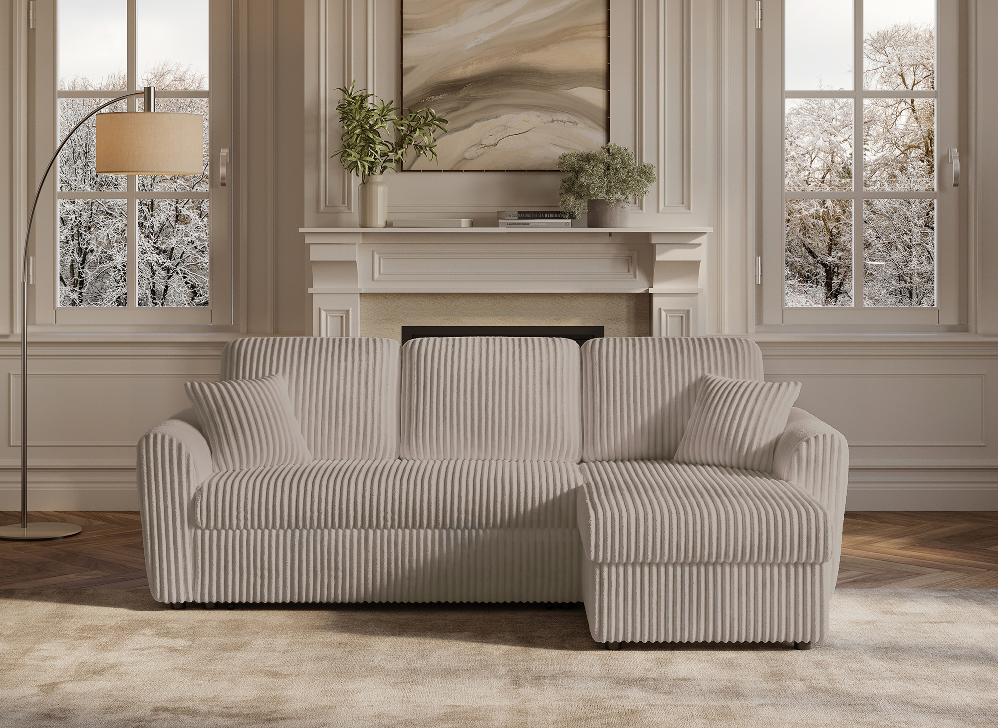 Canapé d'angle convertible et réversible avec coffre en velours côtelé taupe épais ADRYEN