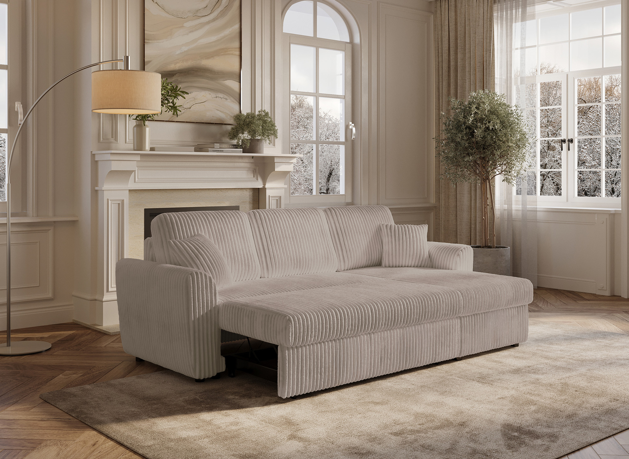 Canapé d'angle convertible et réversible avec coffre en velours côtelé taupe épais ADRYEN