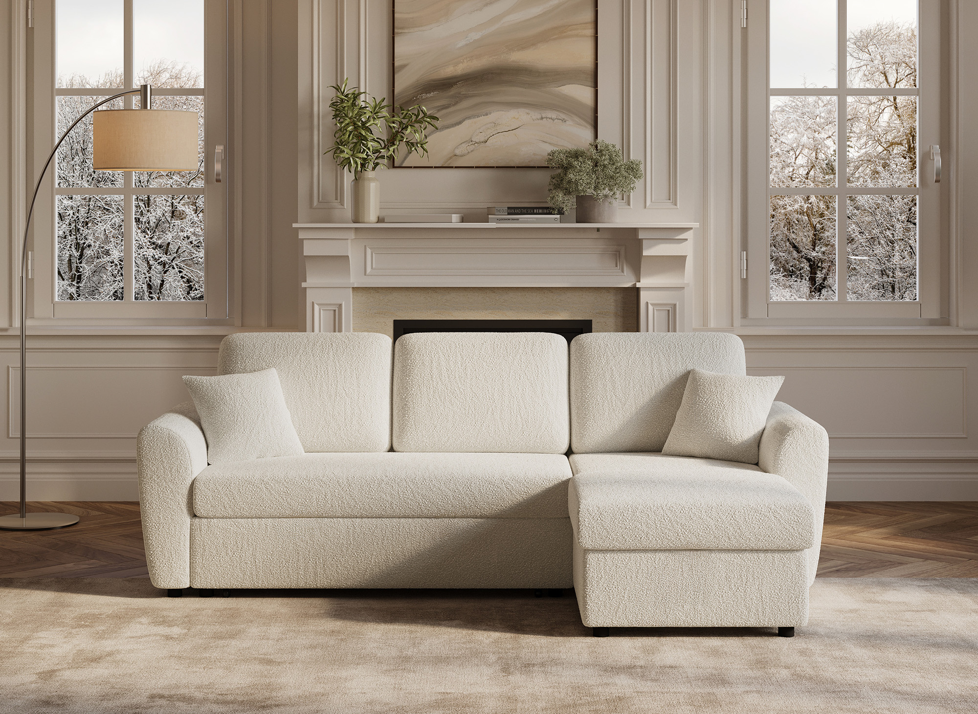 Canapé d'angle convertible et réversible avec coffre en tissu bouclette beige ADRYEN