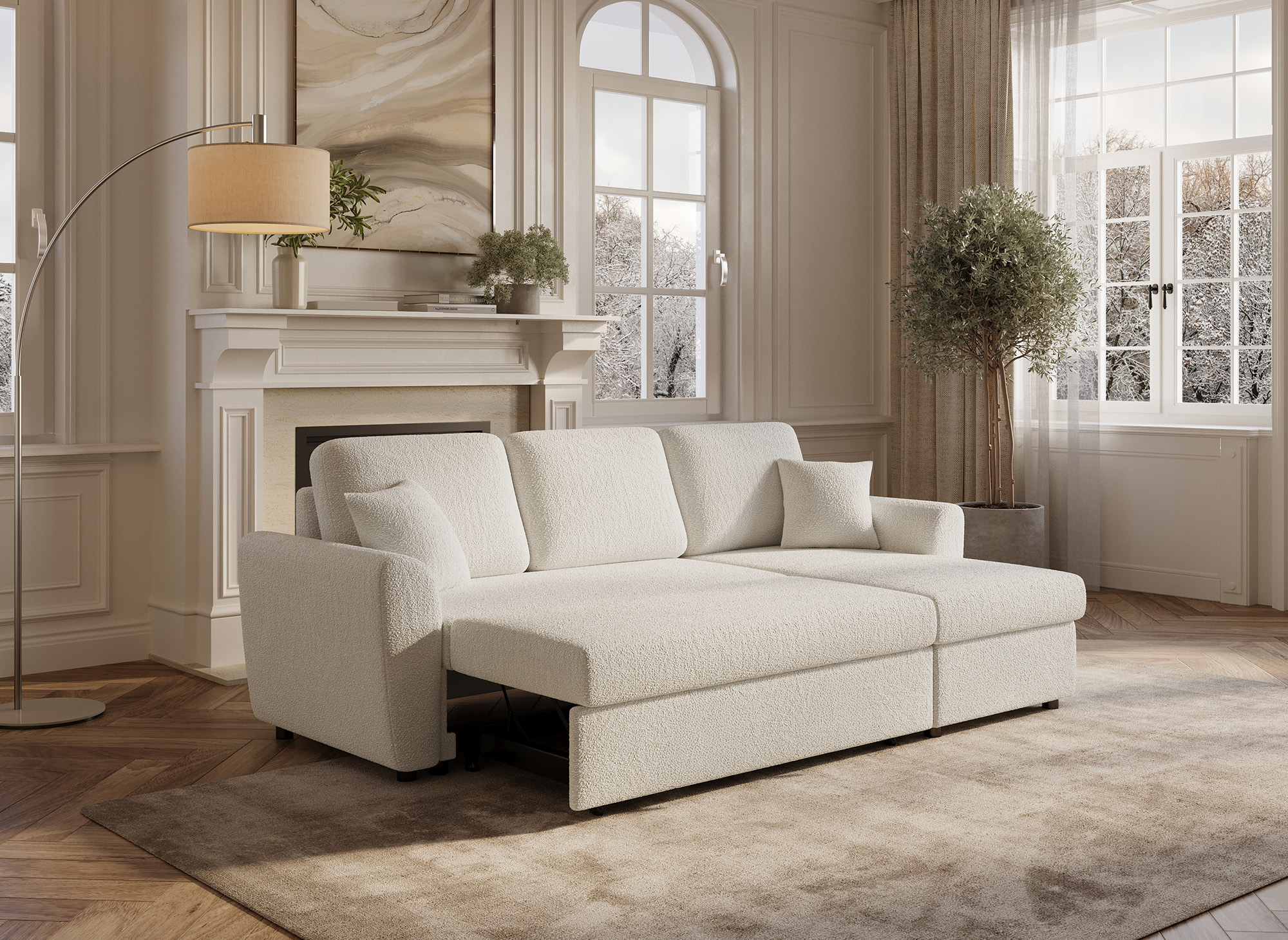 Canapé d'angle convertible et réversible avec coffre en tissu bouclette beige ADRYEN