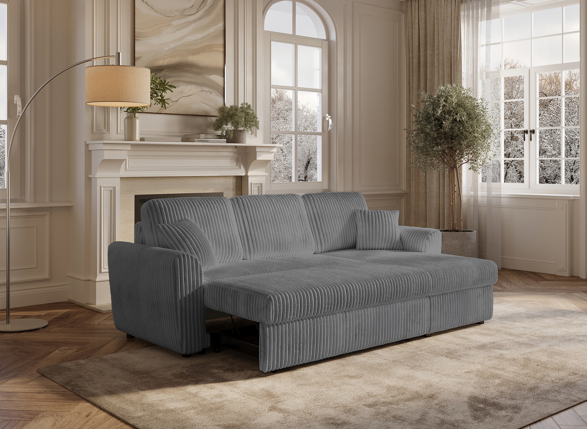 Canapé d'angle convertible et réversible avec coffre en velours côtelé épais gris ADRYEN