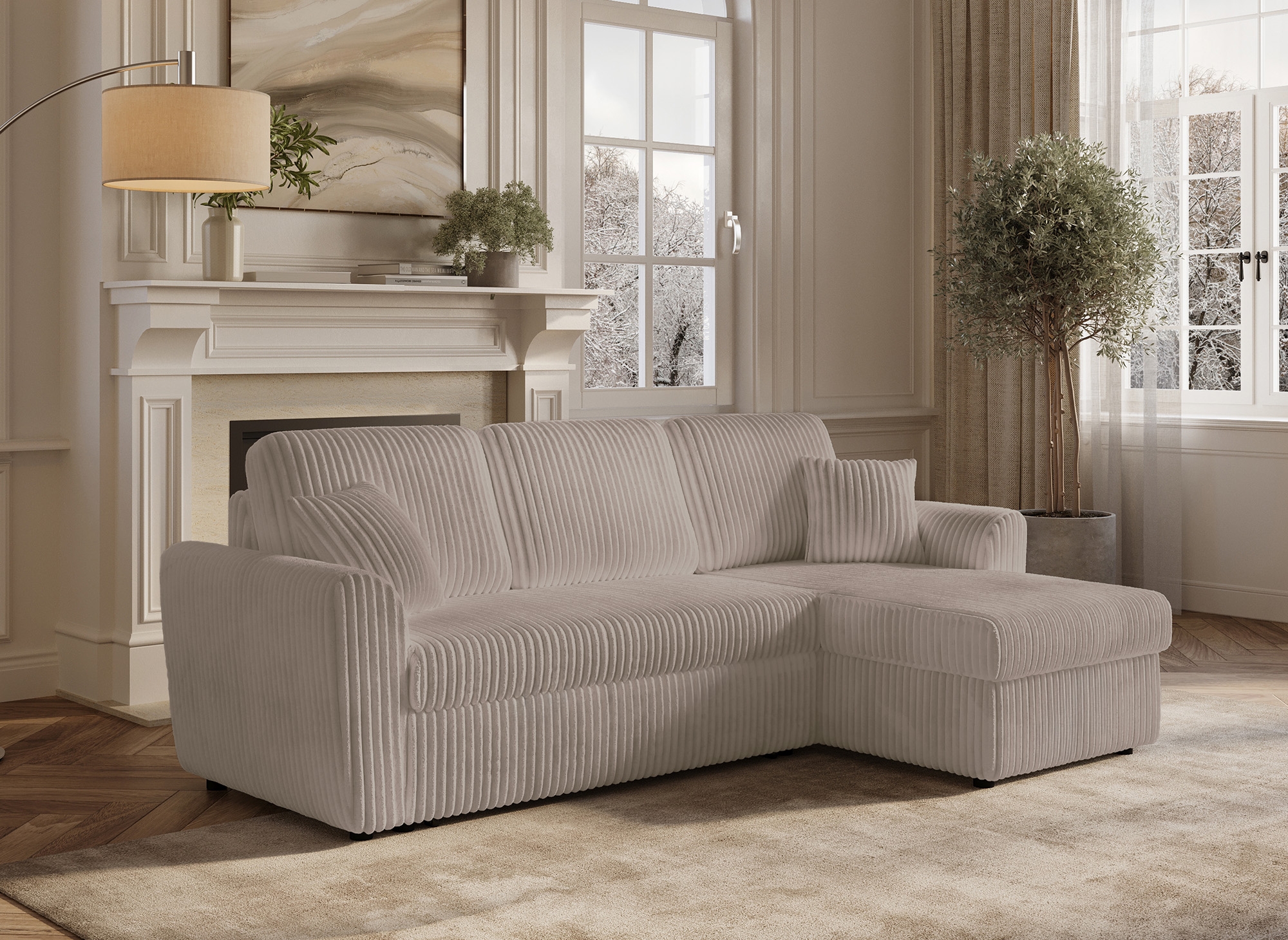 Canapé d'angle convertible et réversible avec coffre en velours côtelé taupe épais ADRYEN