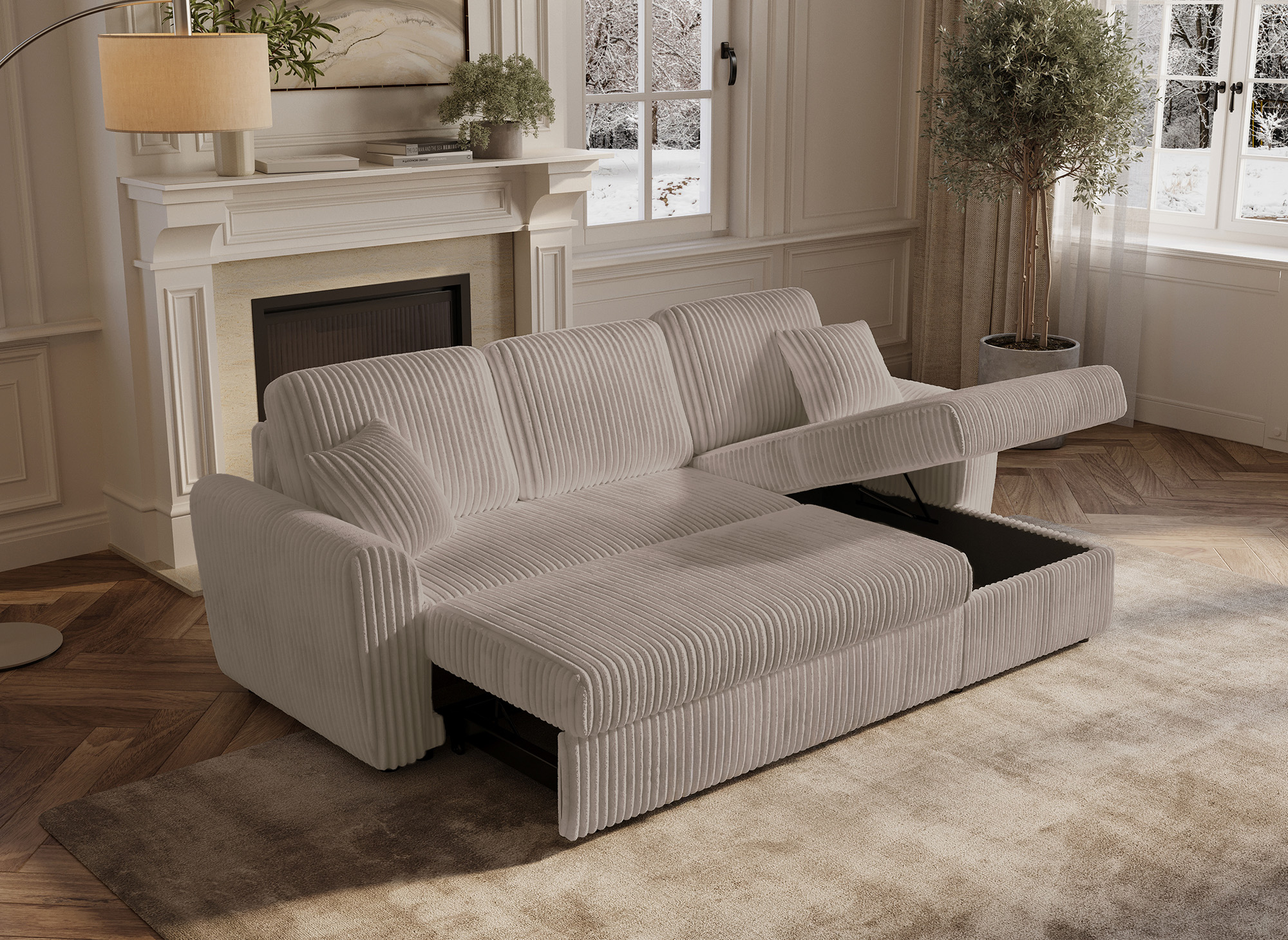 Canapé d'angle convertible et réversible avec coffre en velours côtelé taupe épais ADRYEN