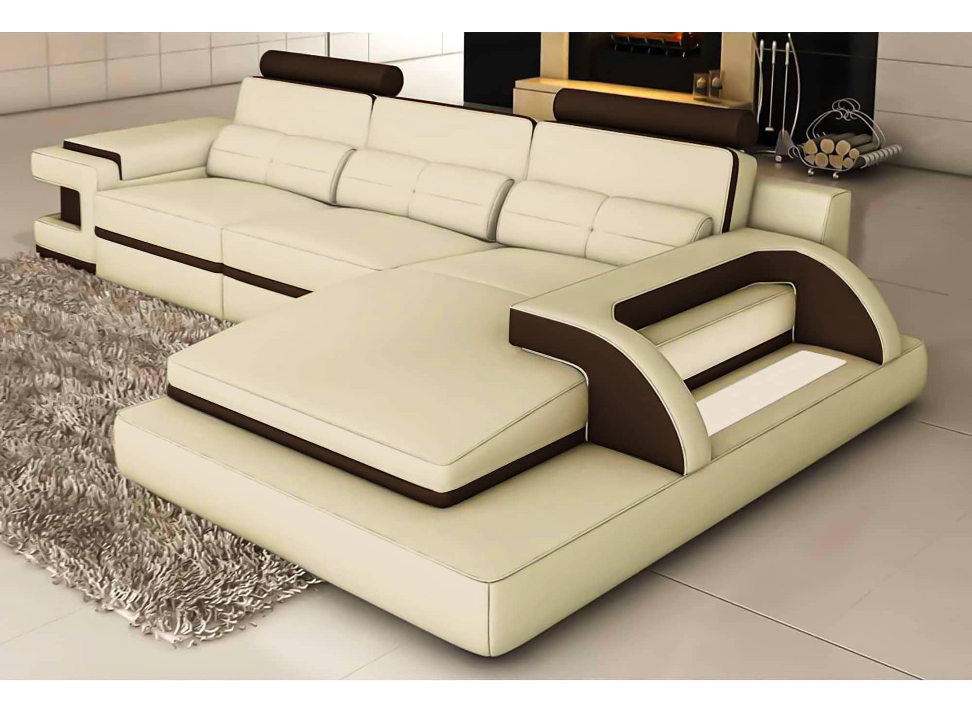 Canapé d'angle cuir beige et marron design avec lumière IBIZA (DROITE)