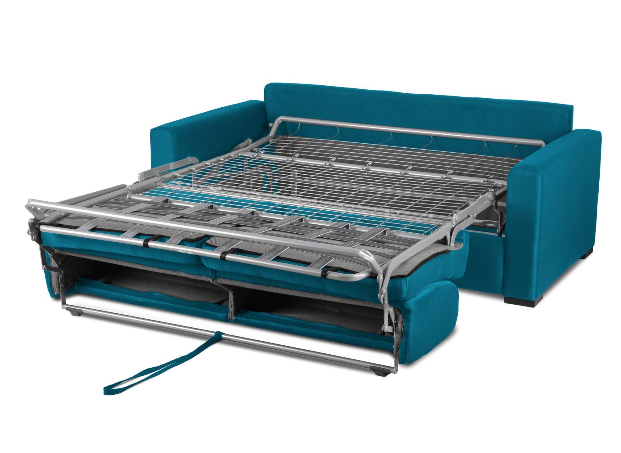 Canapé convertible 3 places LOUNA LUXE en tissu bleu pétrole ouverture express matelas 18 cm