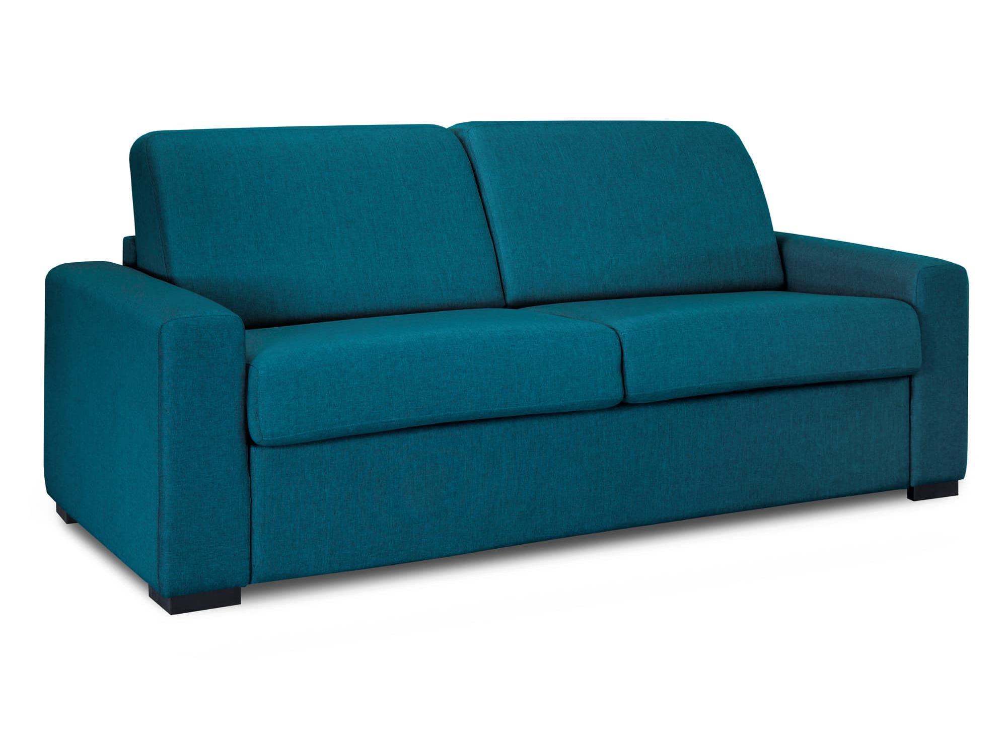 Canapé convertible 3 places LOUNA LUXE en tissu bleu pétrole ouverture express matelas 18 cm