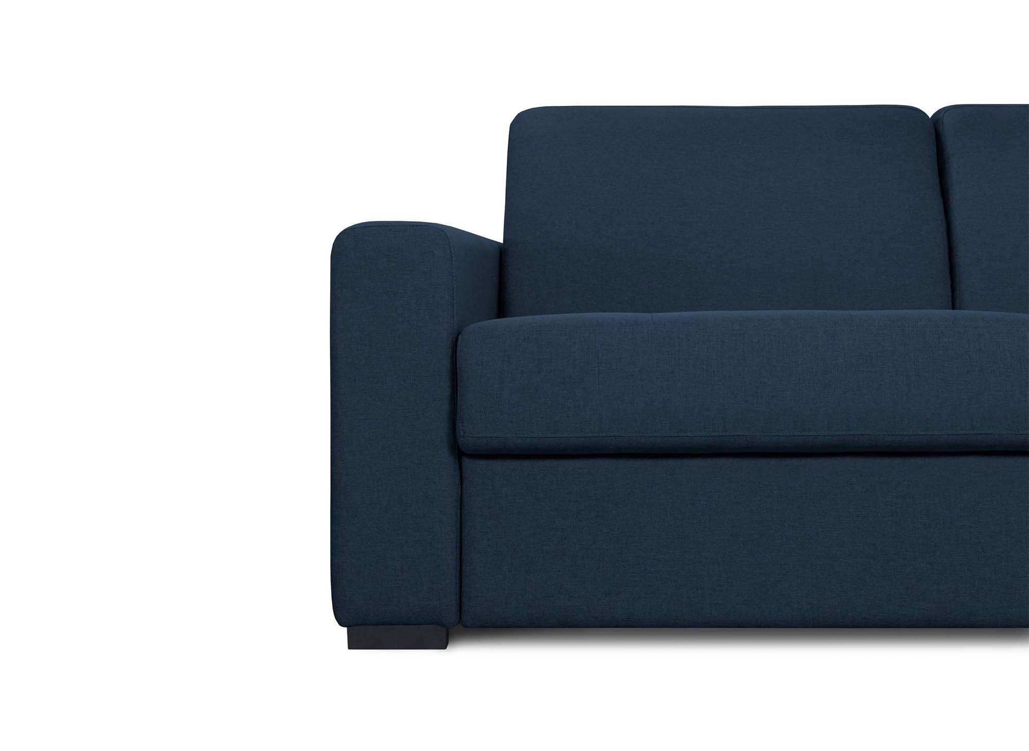 Canapé convertible 3 places LOUNA LUXE en tissu bleu denim ouverture express matelas 18 cm