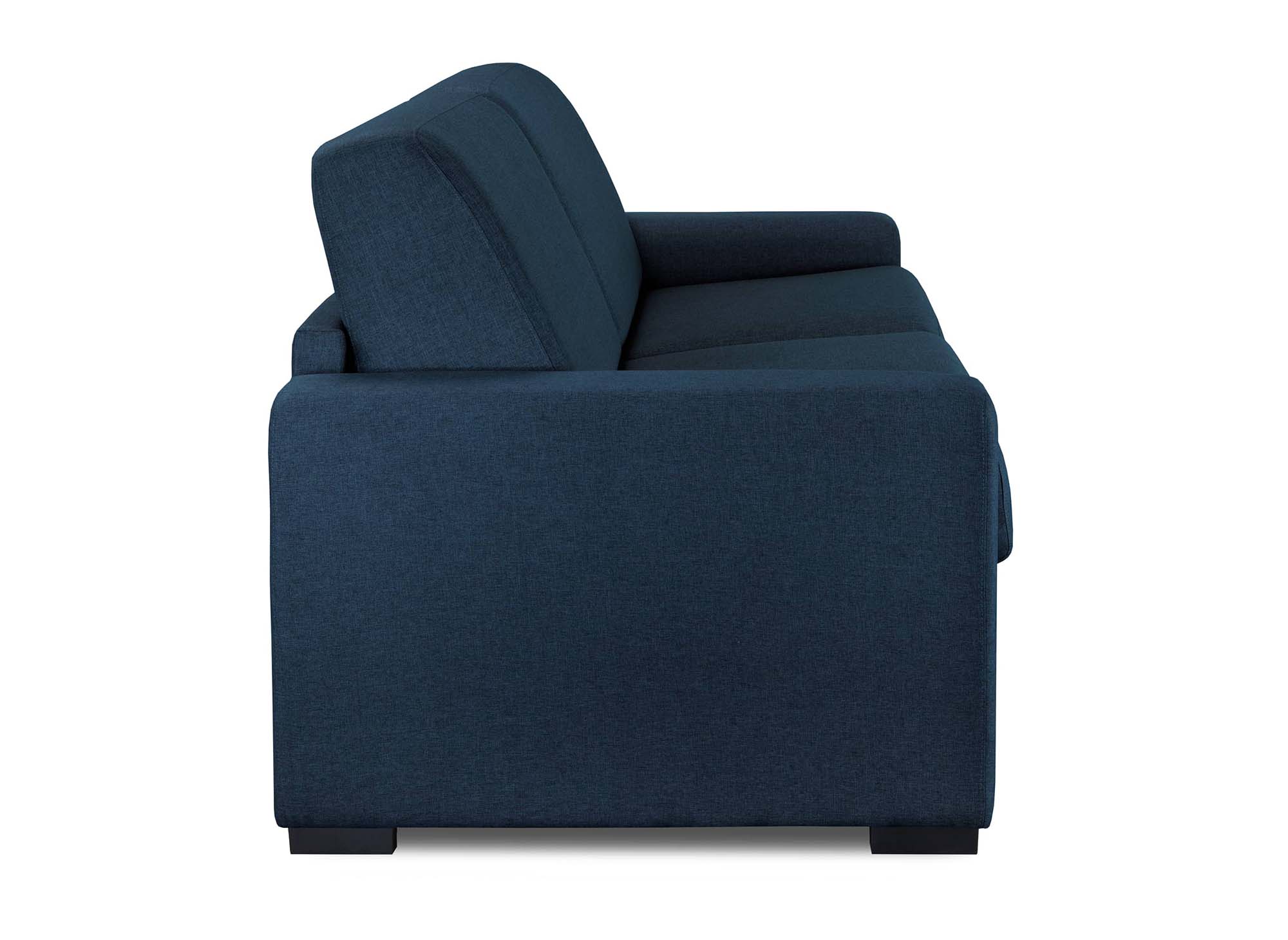 Canapé convertible 3 places LOUNA LUXE en tissu bleu denim ouverture express matelas 18 cm