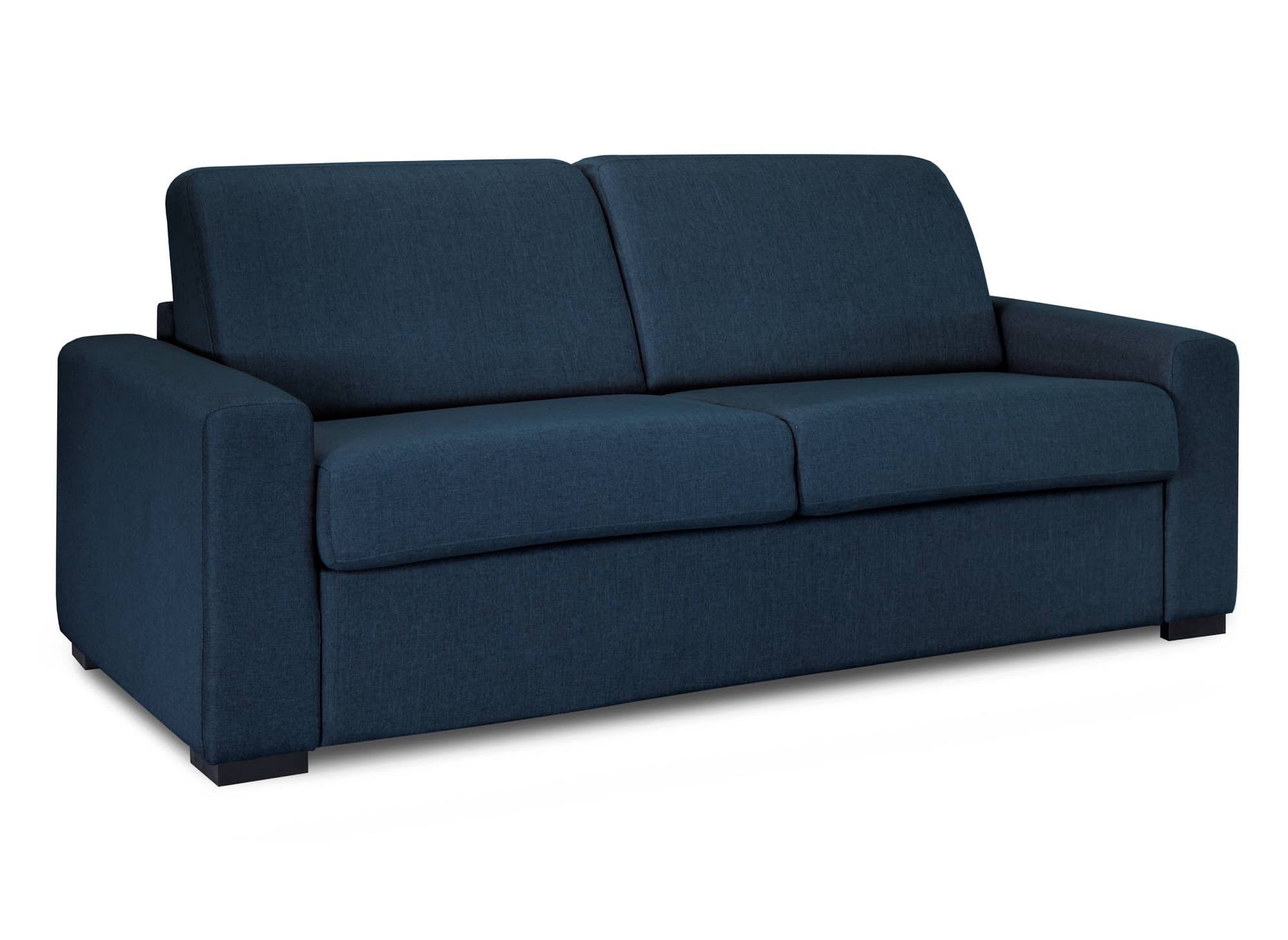 Canapé convertible 3 places LOUNA LUXE en tissu bleu denim ouverture express matelas 18 cm