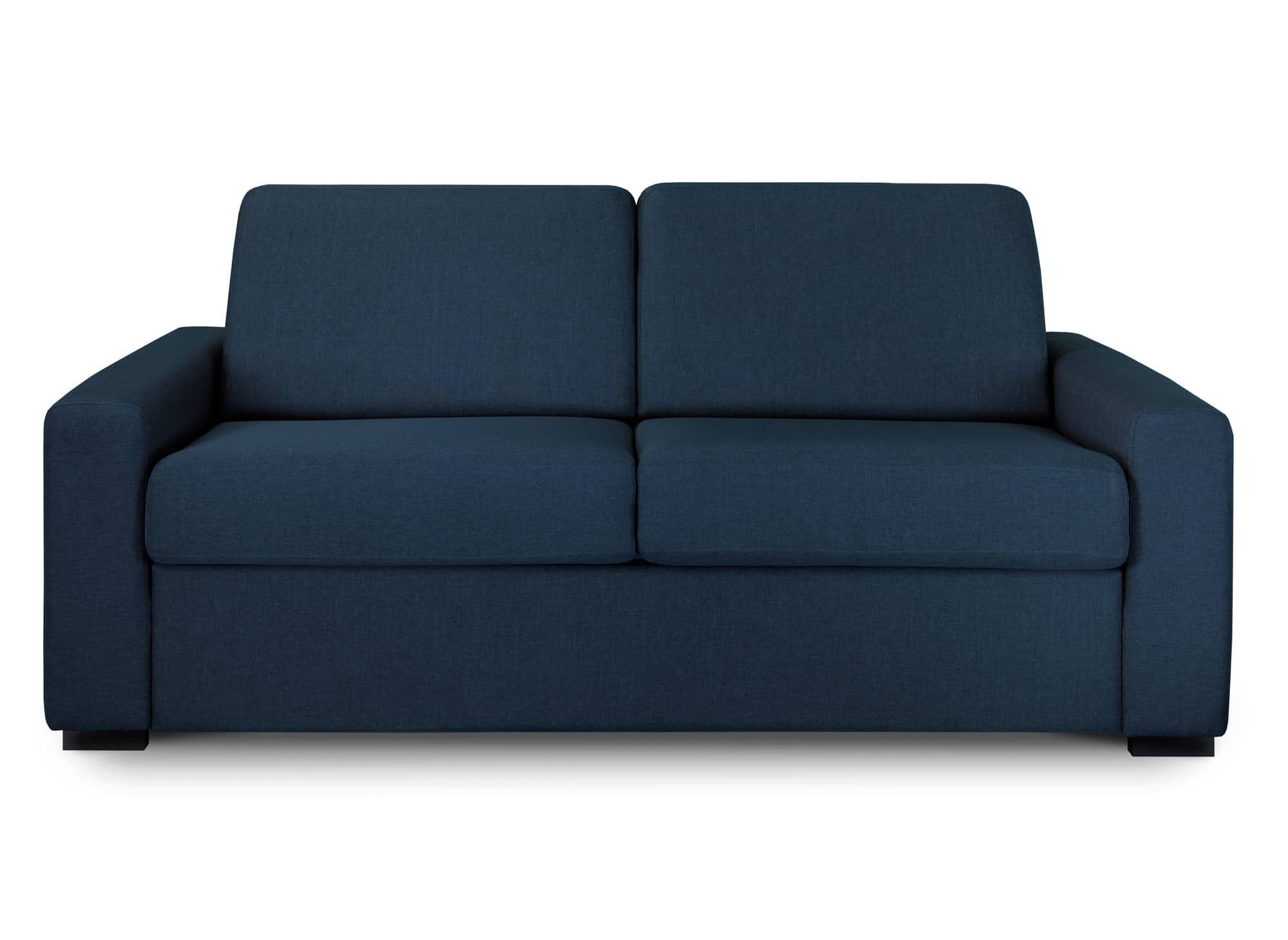 Canapé convertible 3 places LOUNA LUXE en tissu bleu denim ouverture express matelas 18 cm