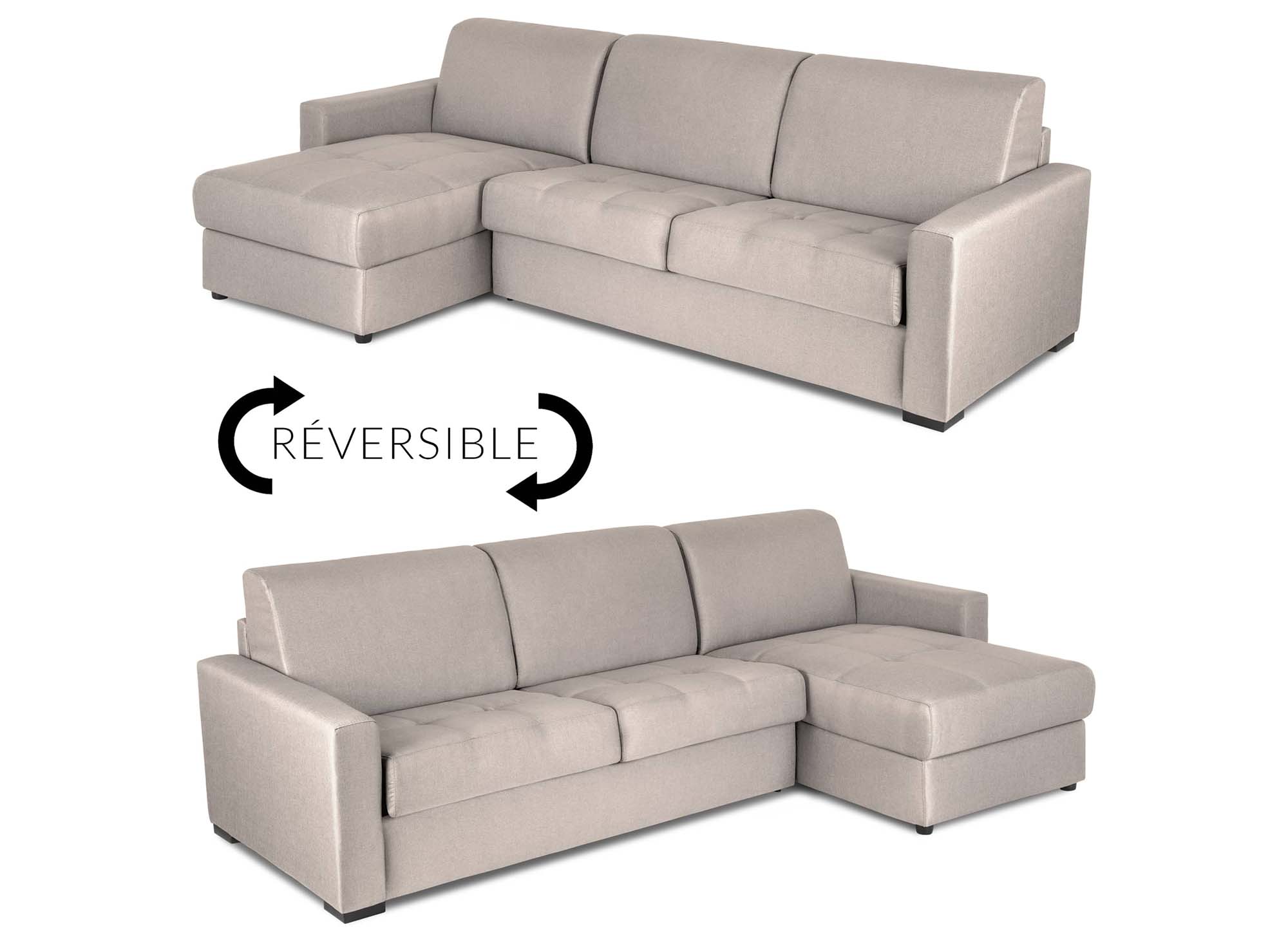 Canapé d'angle réversible convertible LOUNA en tissu beige avec coffre de rangement