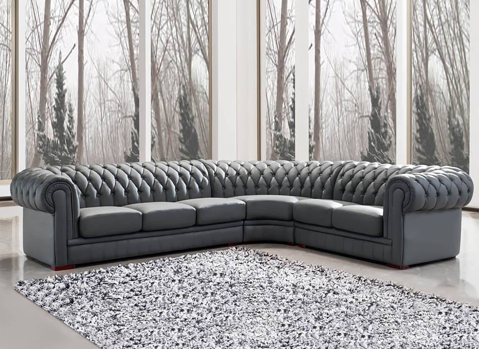 Grand canapé d'angle en cuir gris capitonné CHESTERFIELD - Angle Réversible