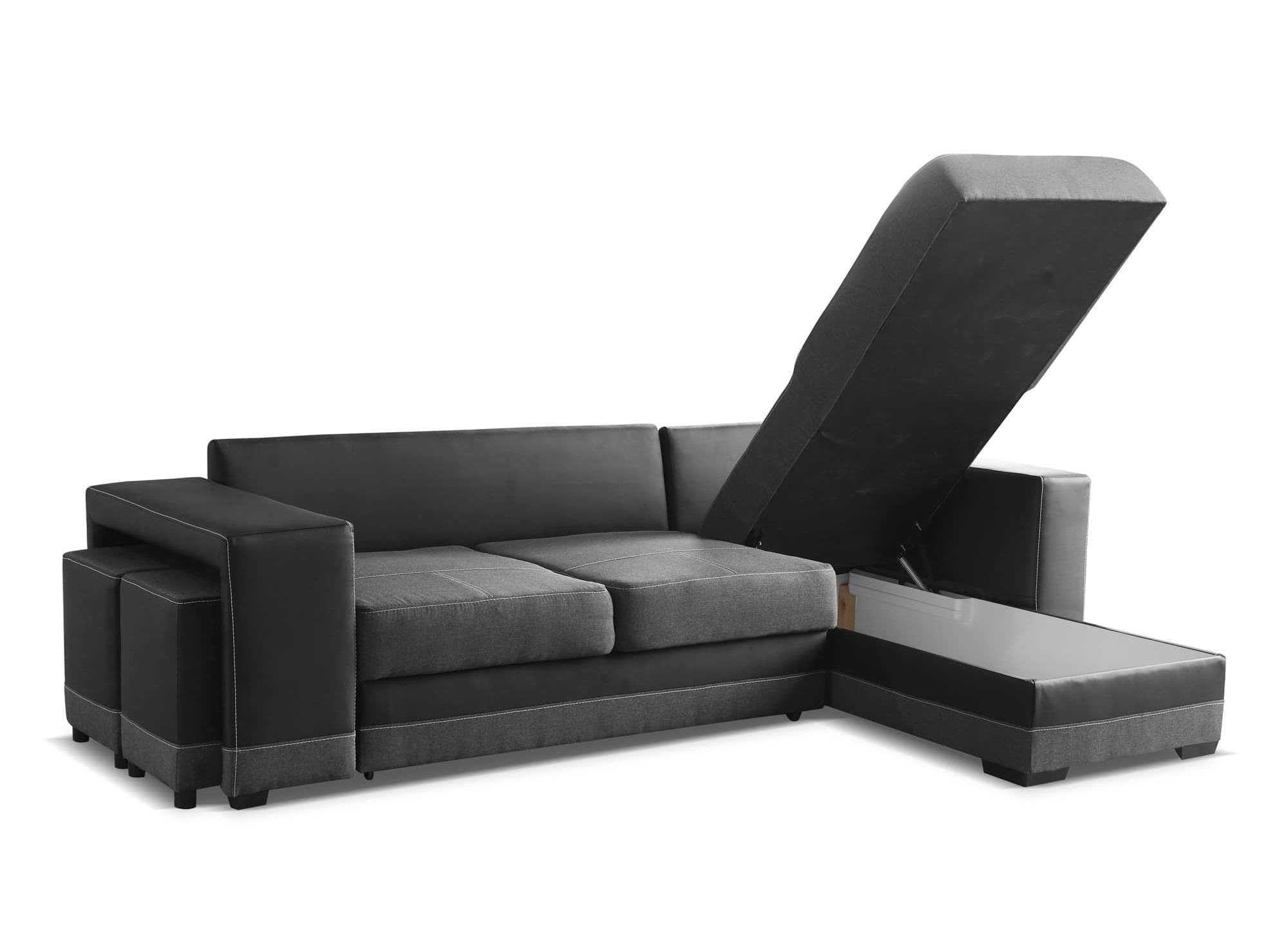 Canapé d'angle réversible convertible avec coffre et 2 poufs noir et anthracite LISBONNE