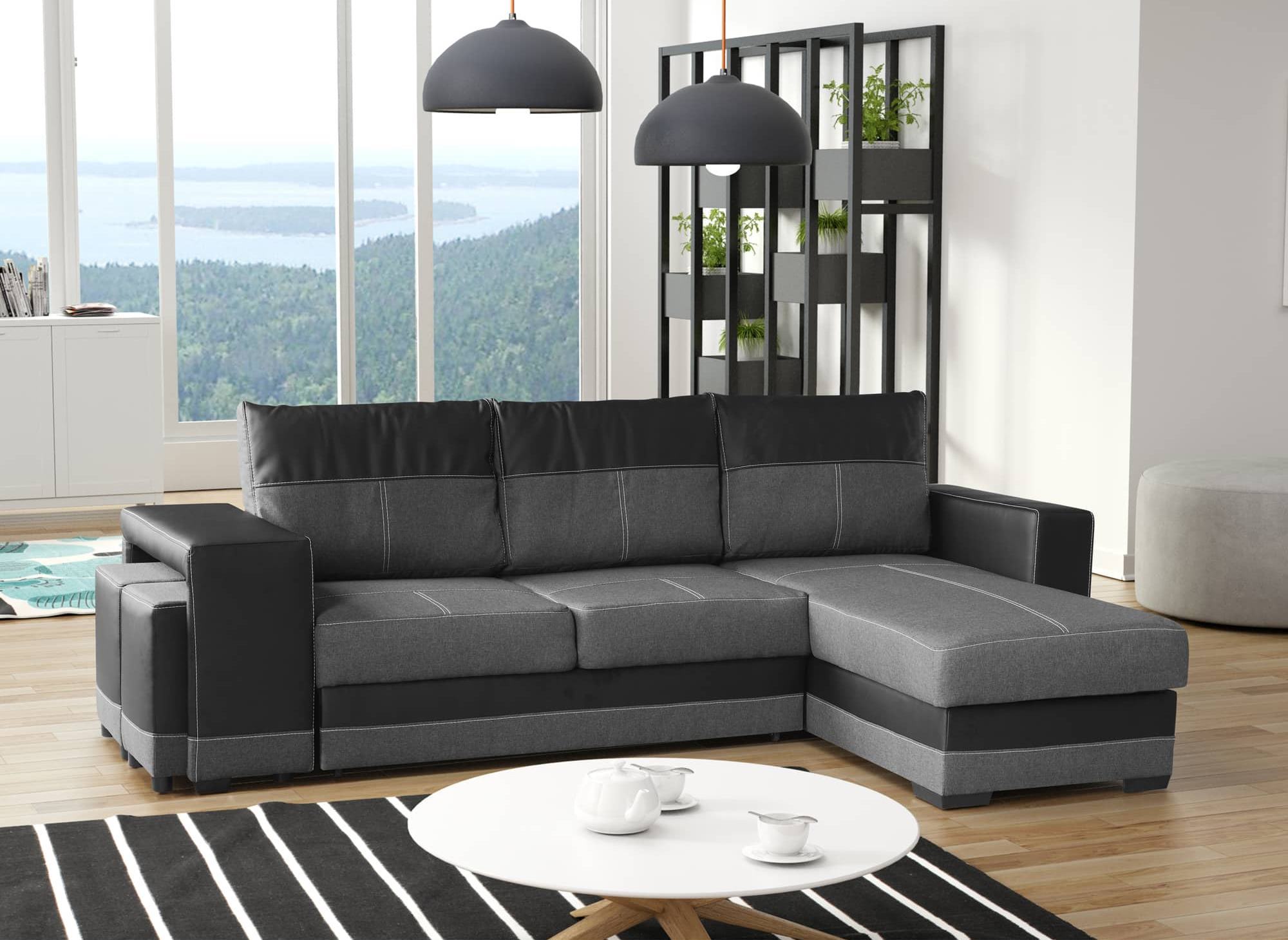 Canapé d'angle réversible convertible avec coffre et 2 poufs noir et anthracite LISBONNE