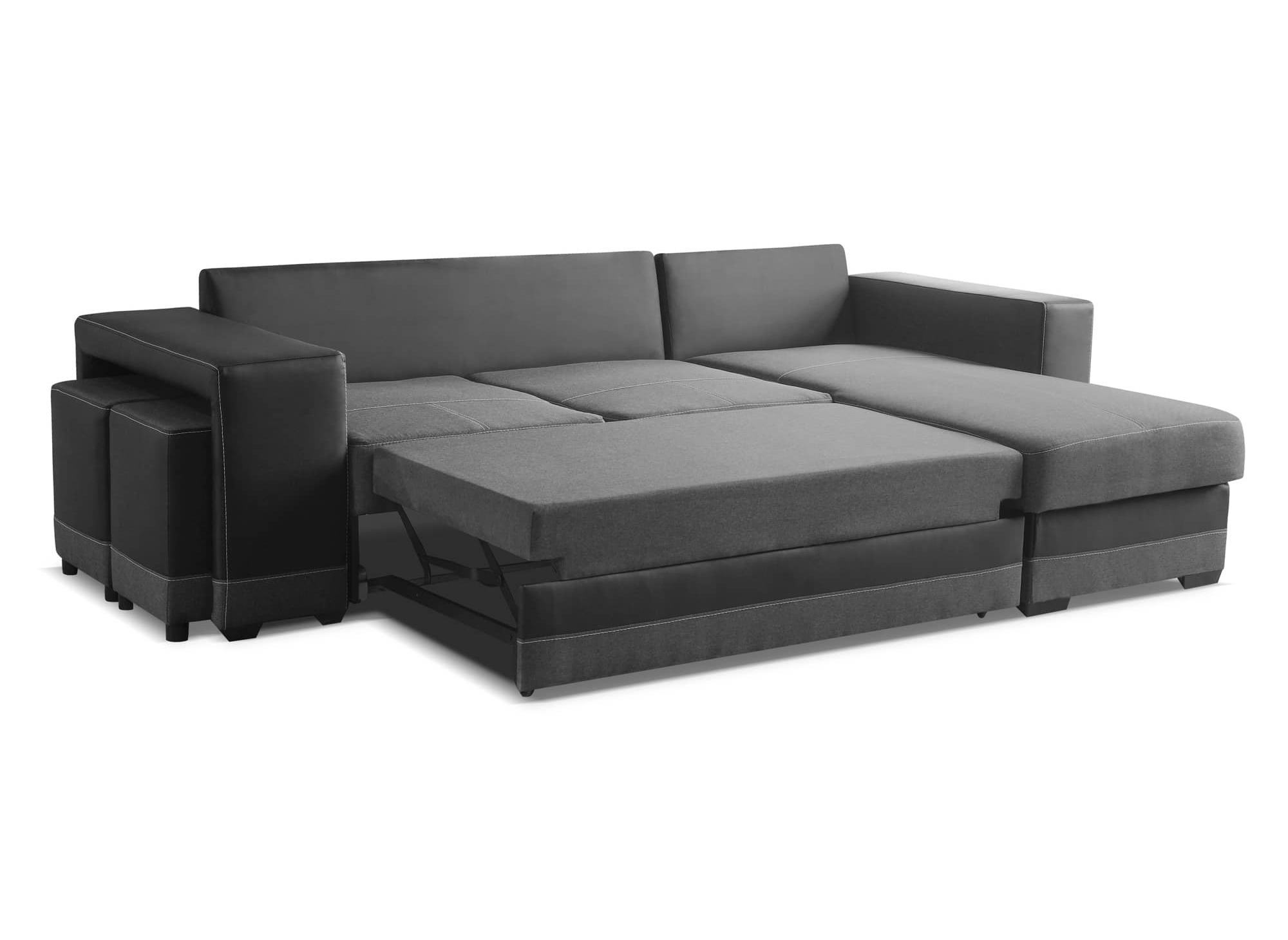 Canapé d'angle réversible convertible avec coffre et 2 poufs noir et anthracite LISBONNE