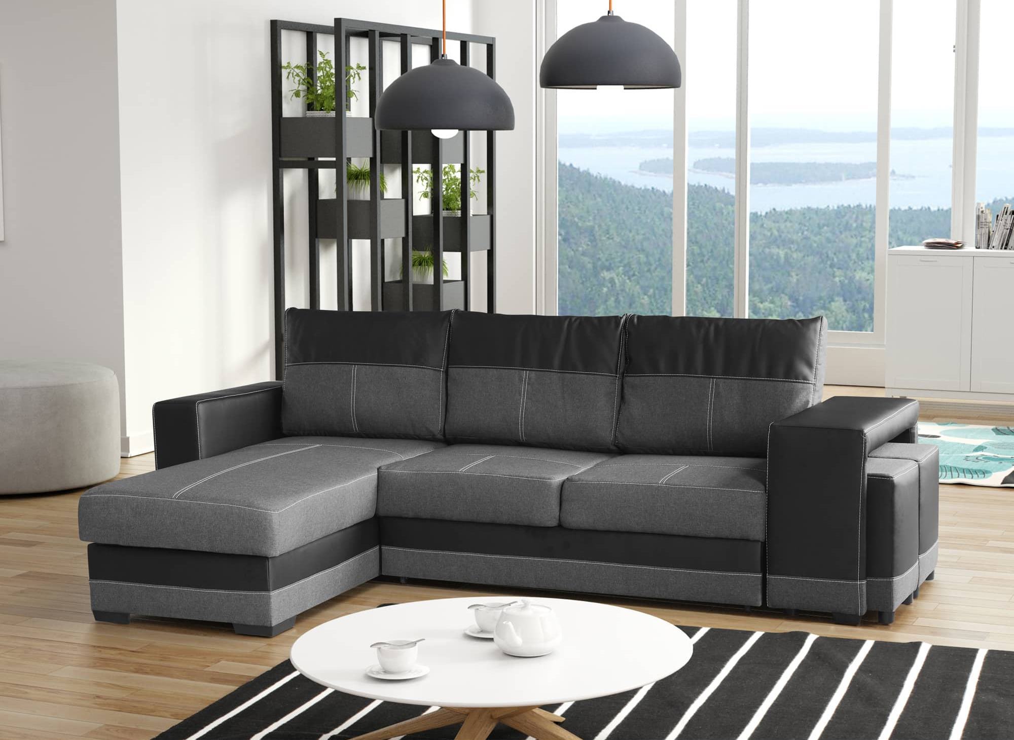 Canapé d'angle réversible convertible avec coffre et 2 poufs noir et anthracite LISBONNE