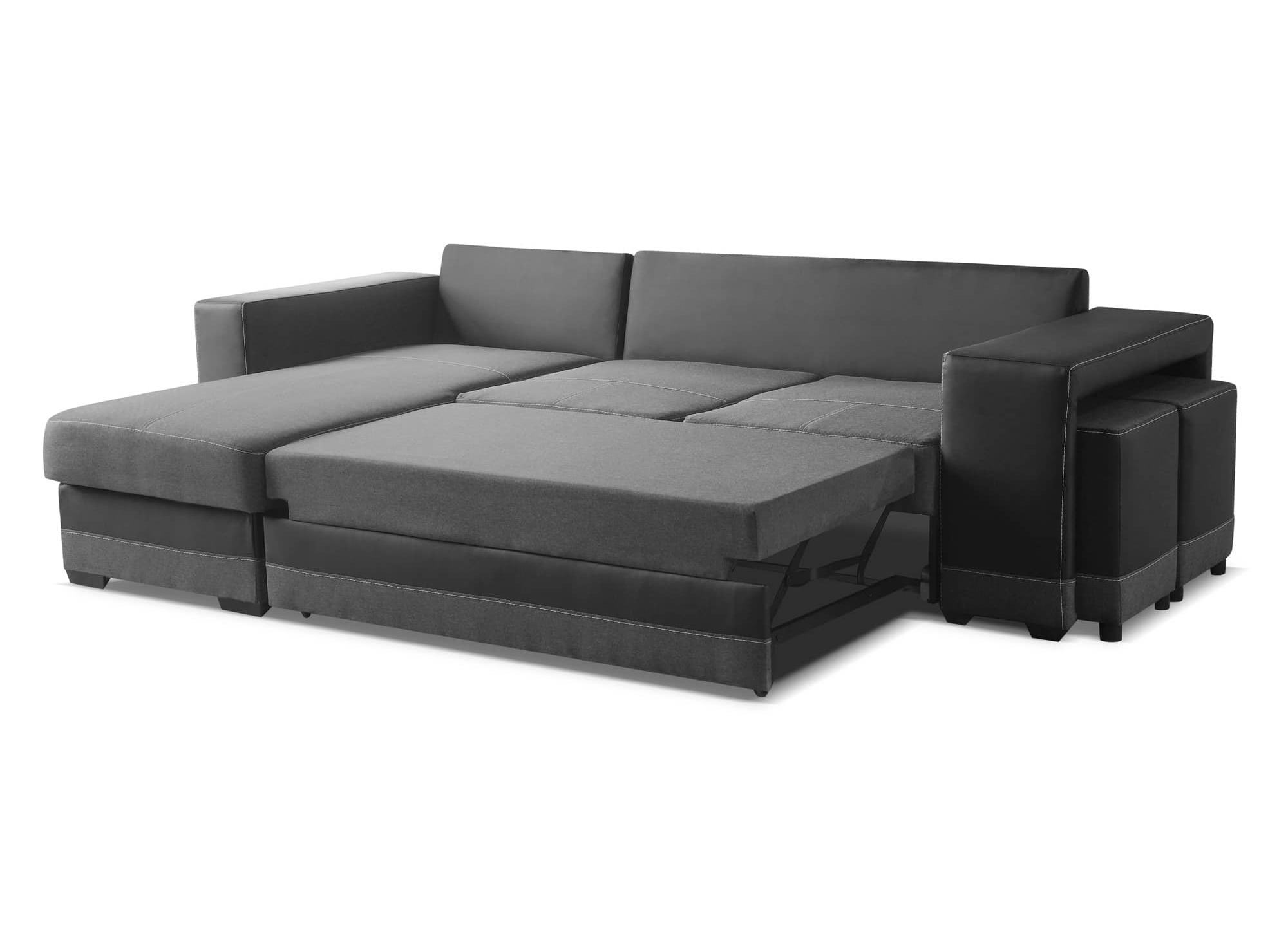 Canapé d'angle réversible convertible avec coffre et 2 poufs noir et anthracite LISBONNE