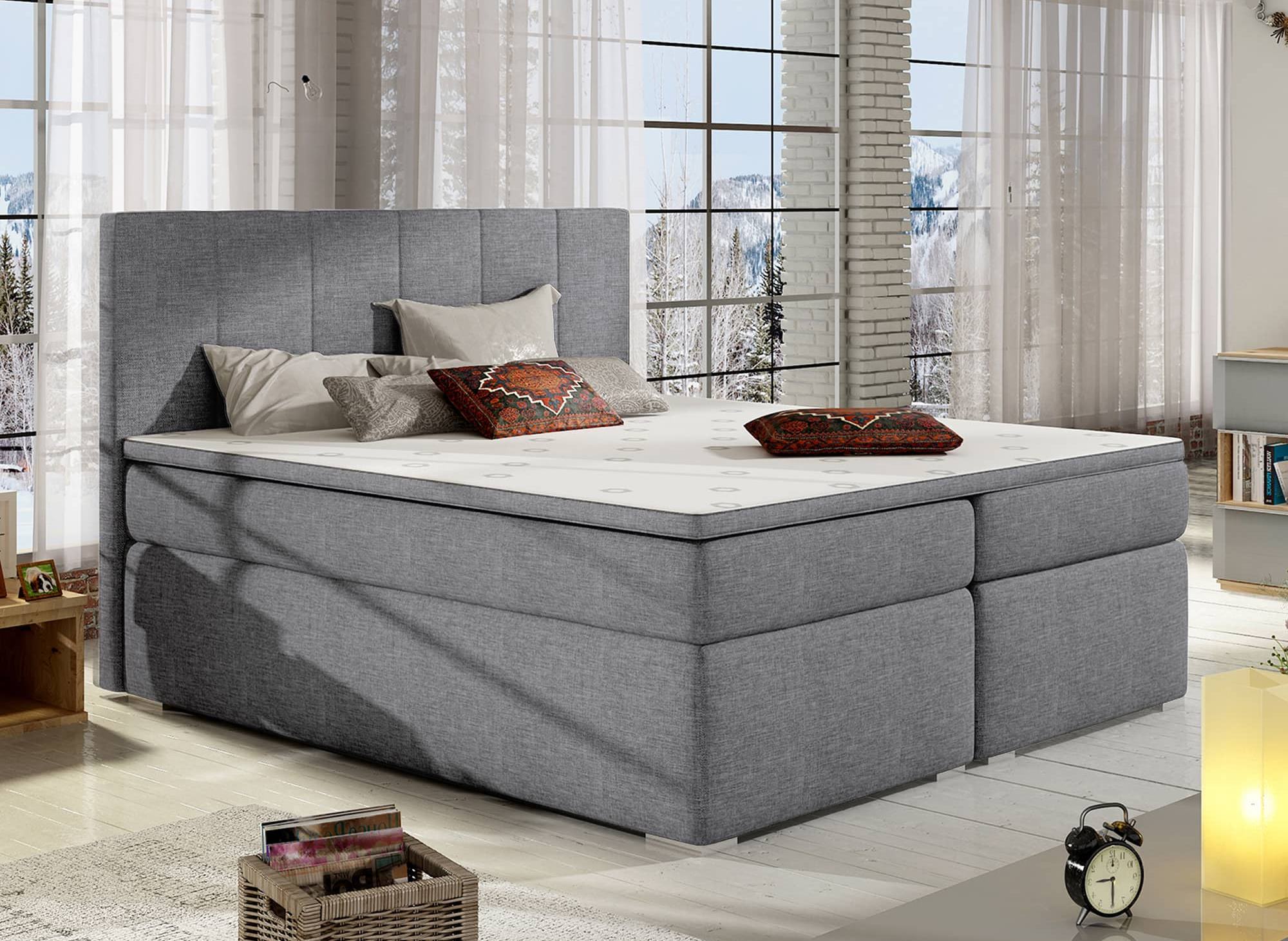 Lit boxspring 180x200 avec coffre de rangement en tissu gris - AKADIA