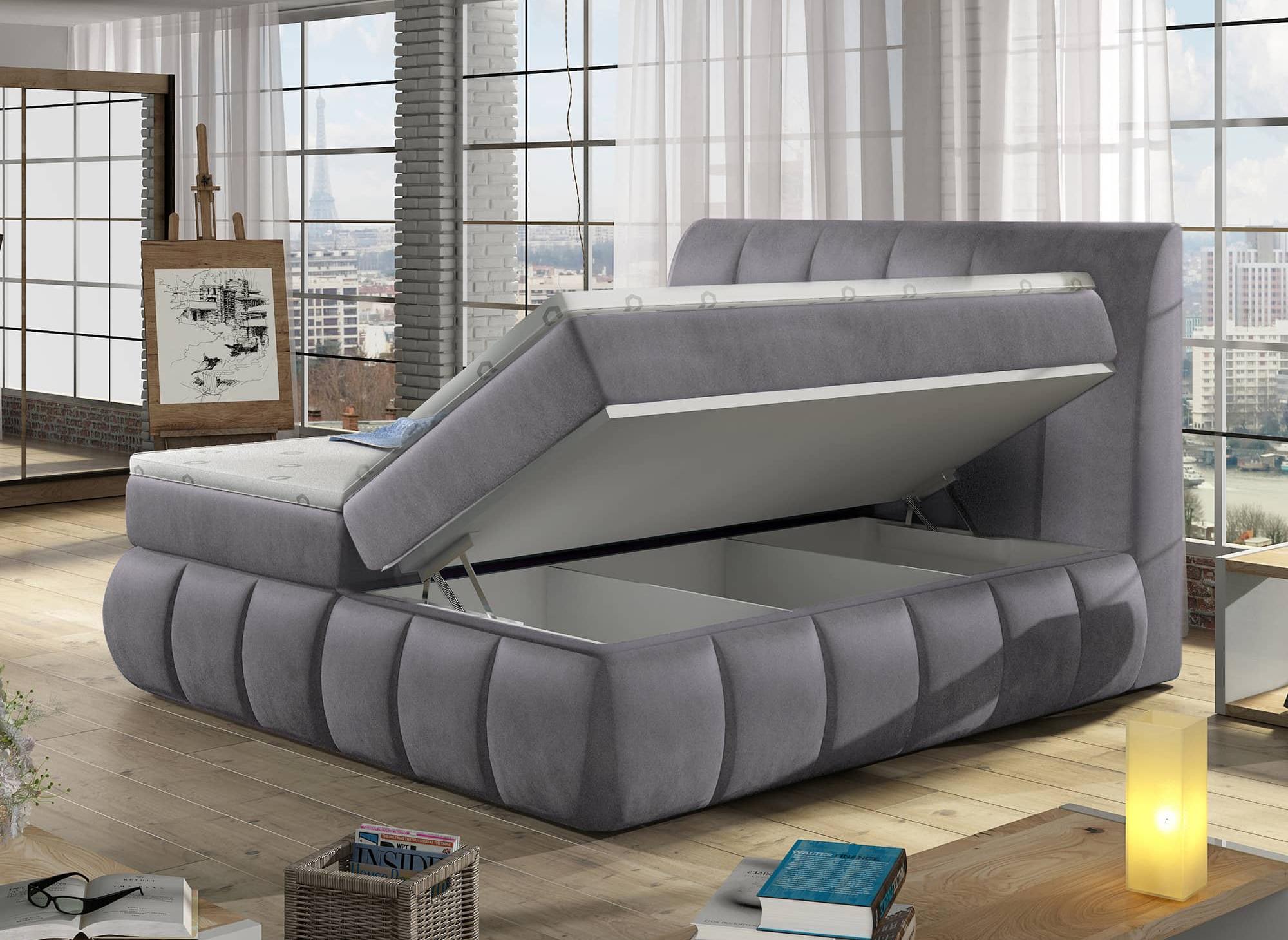 Lit boxspring 160x200 avec coffre de rangement en velours gris - VALERIA