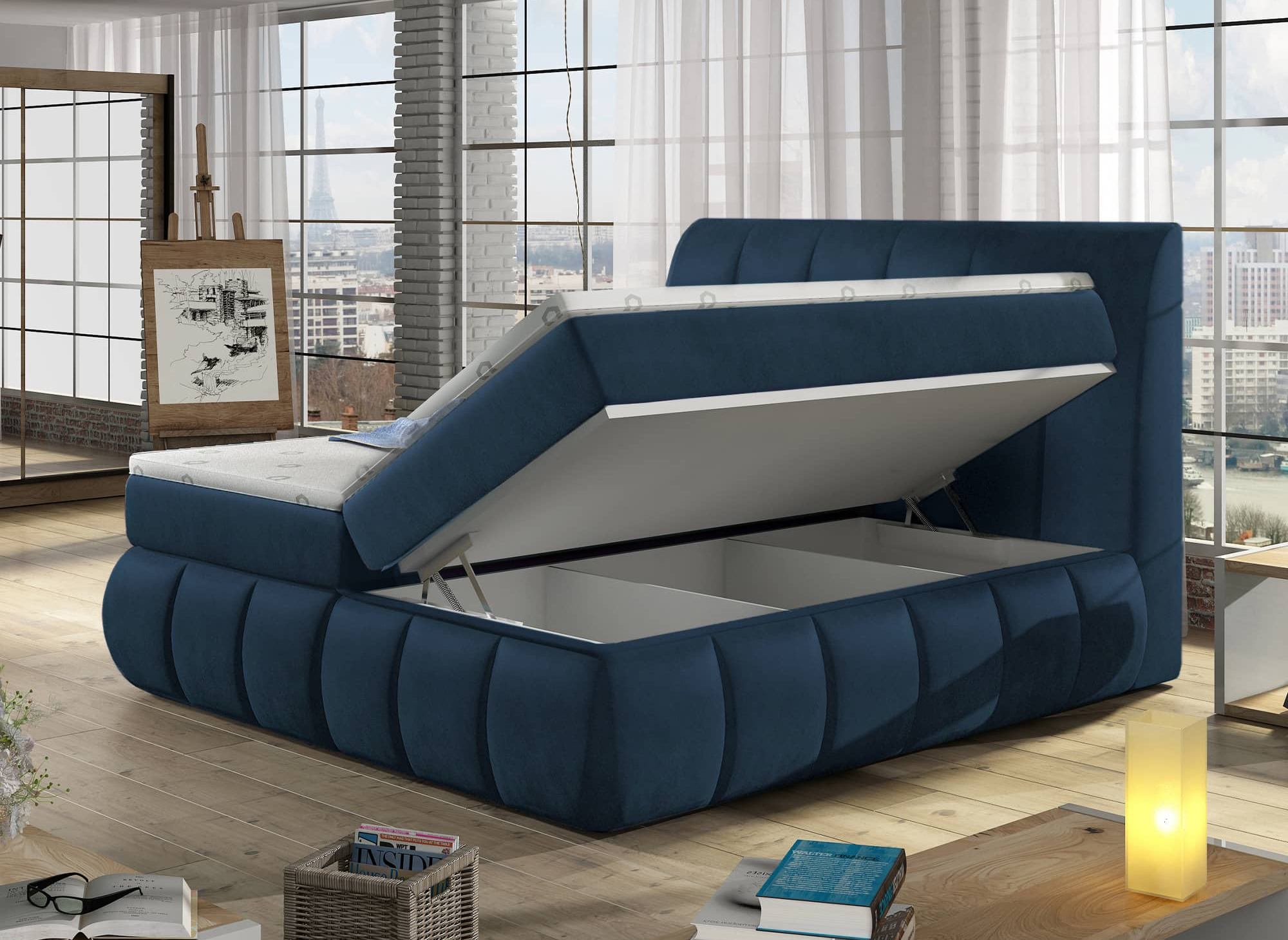 Lit boxspring 160x200 avec coffre de rangement en velours bleu foncé VALERIA