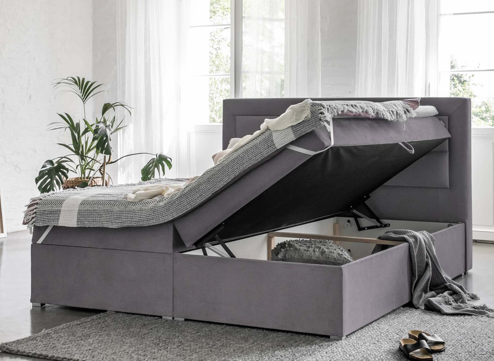 Lit boxspring 180x200 avec coffre de rangement en velours gris - DAKOTA