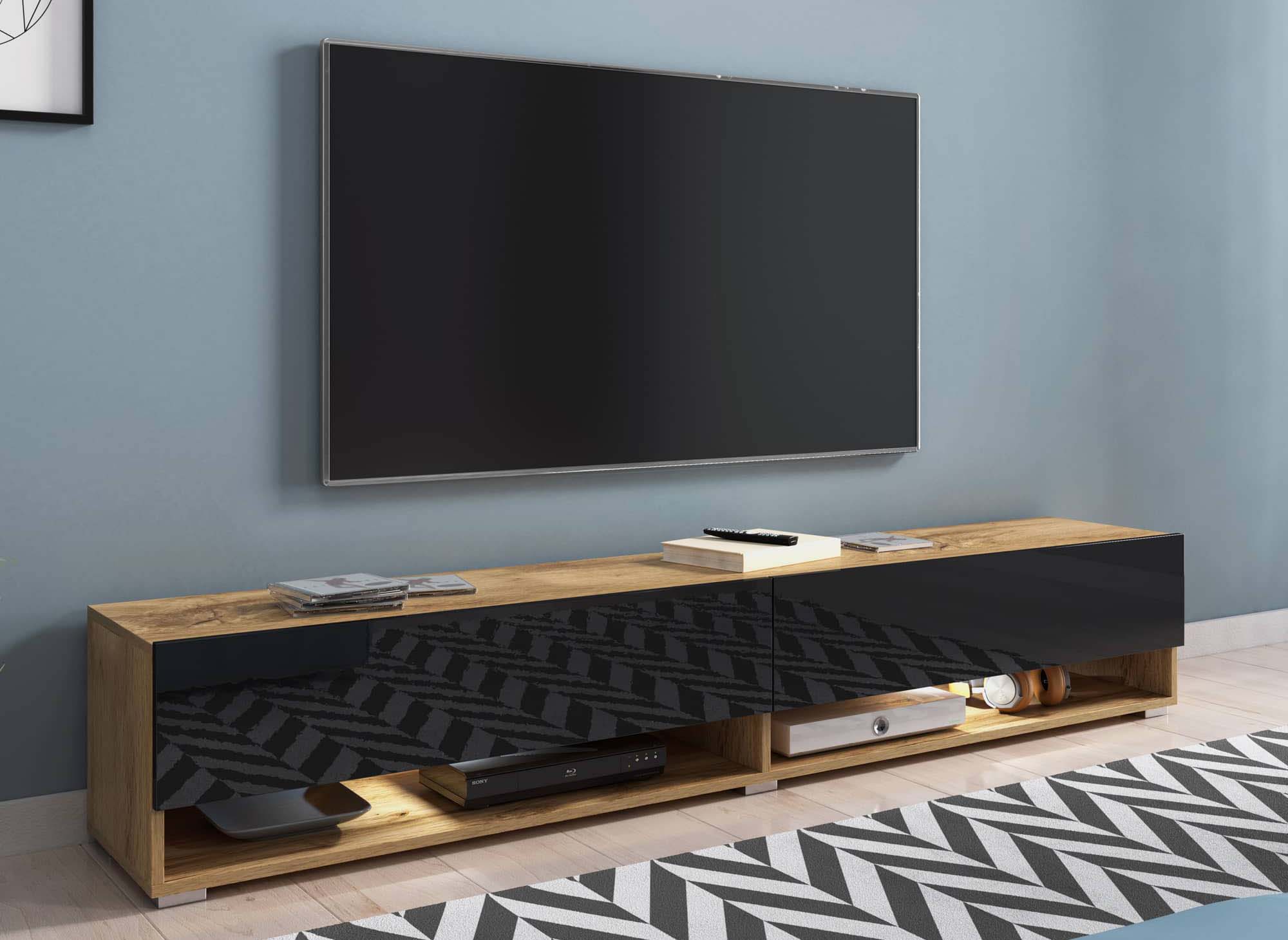 Meuble TV suspendu 2 portes 2 niches en chêne et noir ROMANE XXL - 180 cm