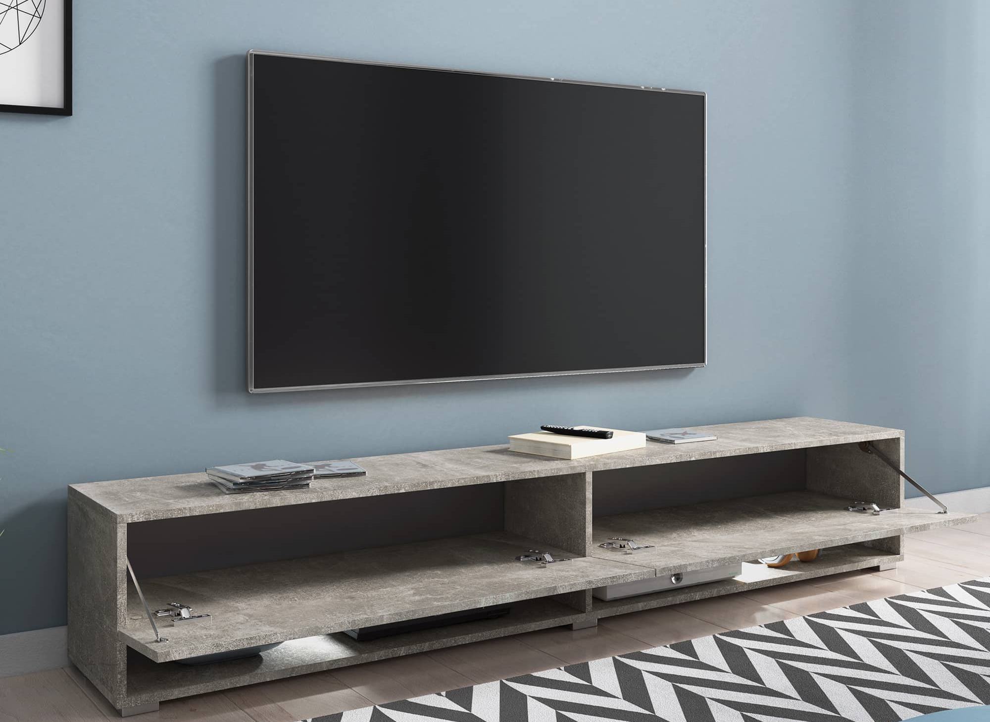 Meuble TV suspendu 2 portes 2 niches gris béton ROMANE XXL - 180 cm