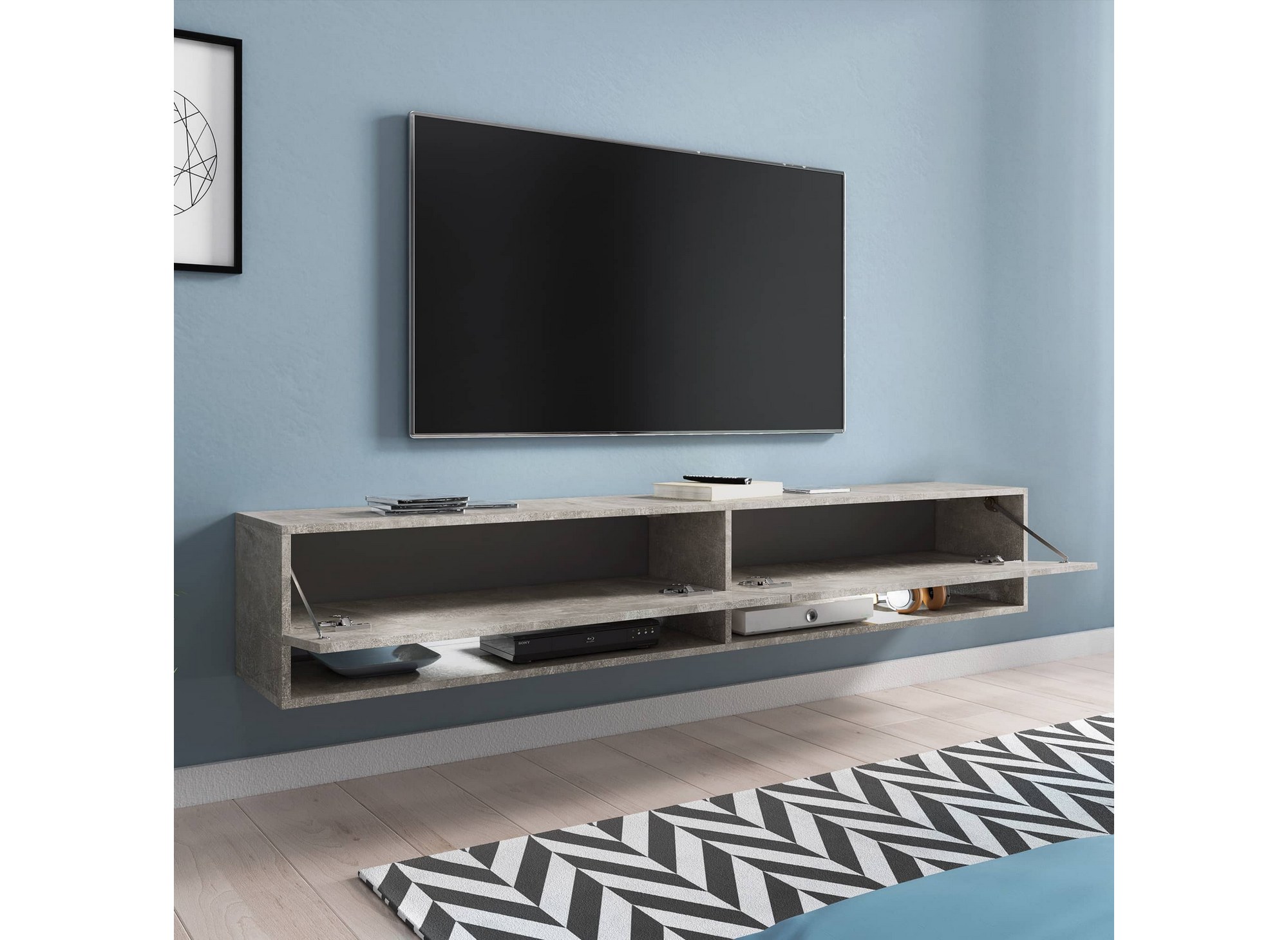 Meuble TV suspendu 2 portes 2 niches gris béton ROMANE XXL - 180 cm
