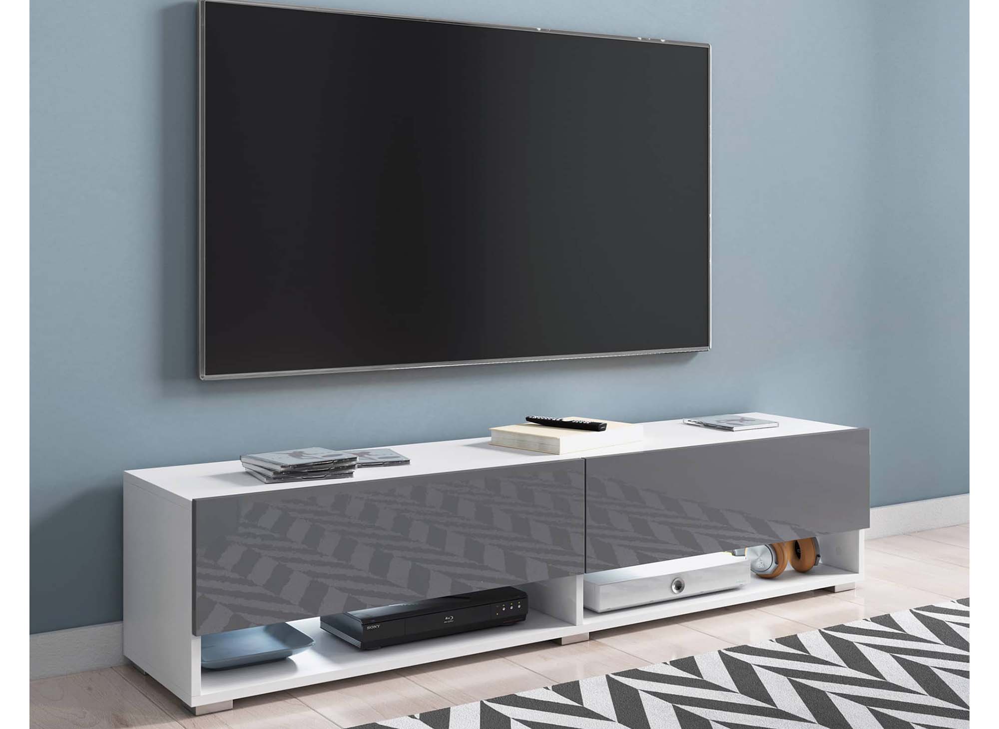 Meuble TV suspendu 2 portes 2 niches blanc et gris ROMANE XXL - 180 cm