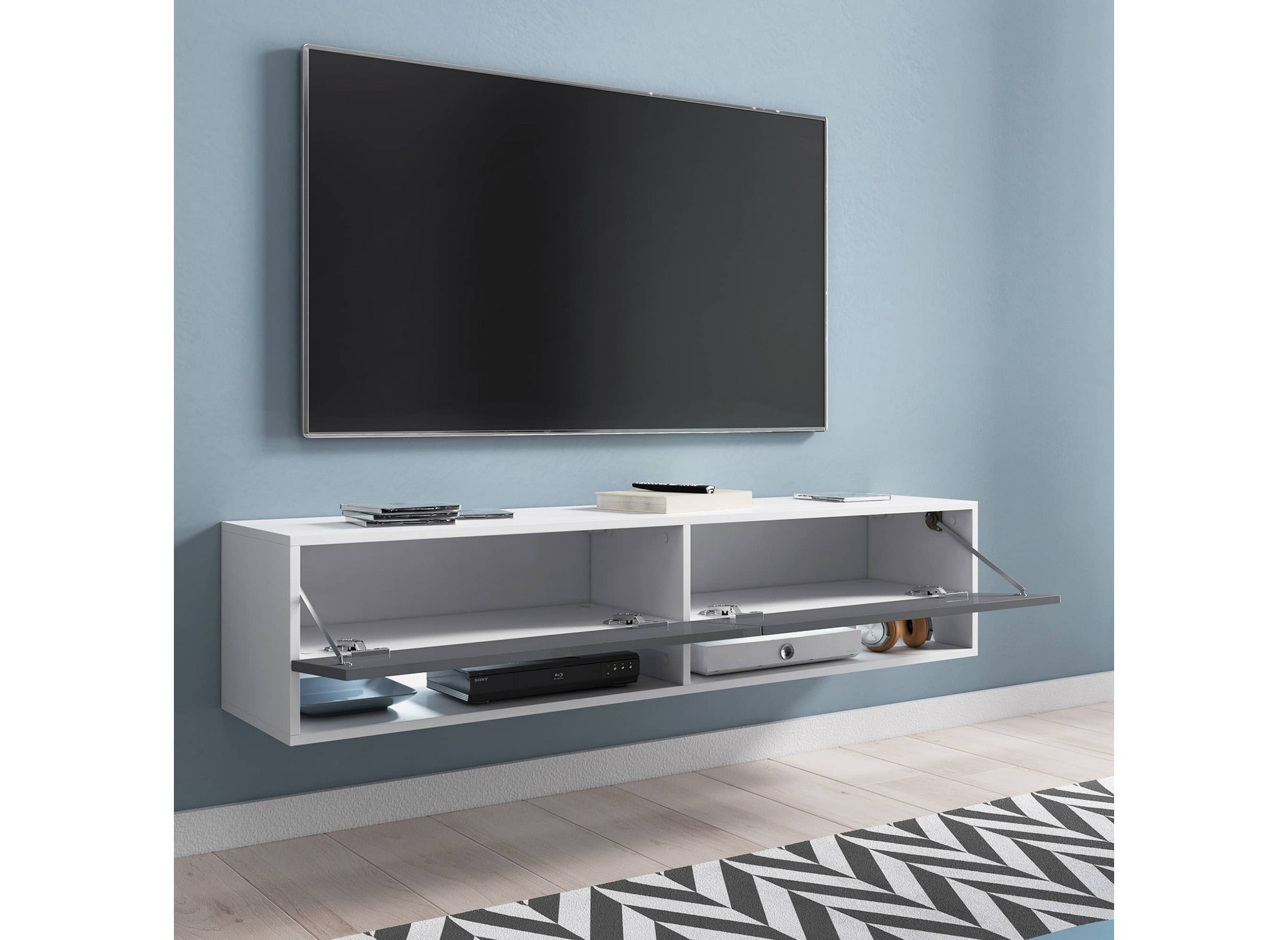 Meuble TV suspendu 2 portes 2 niches blanc et gris ROMANE XXL - 180 cm