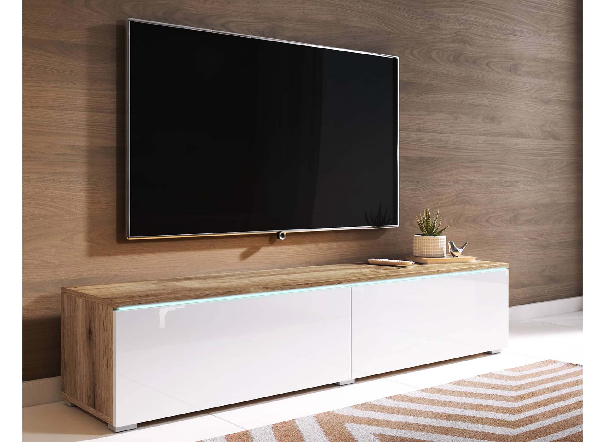 Meuble TV contemporain chêne et laqué blanc avec LED 2 portes MALORIE - 140 cm