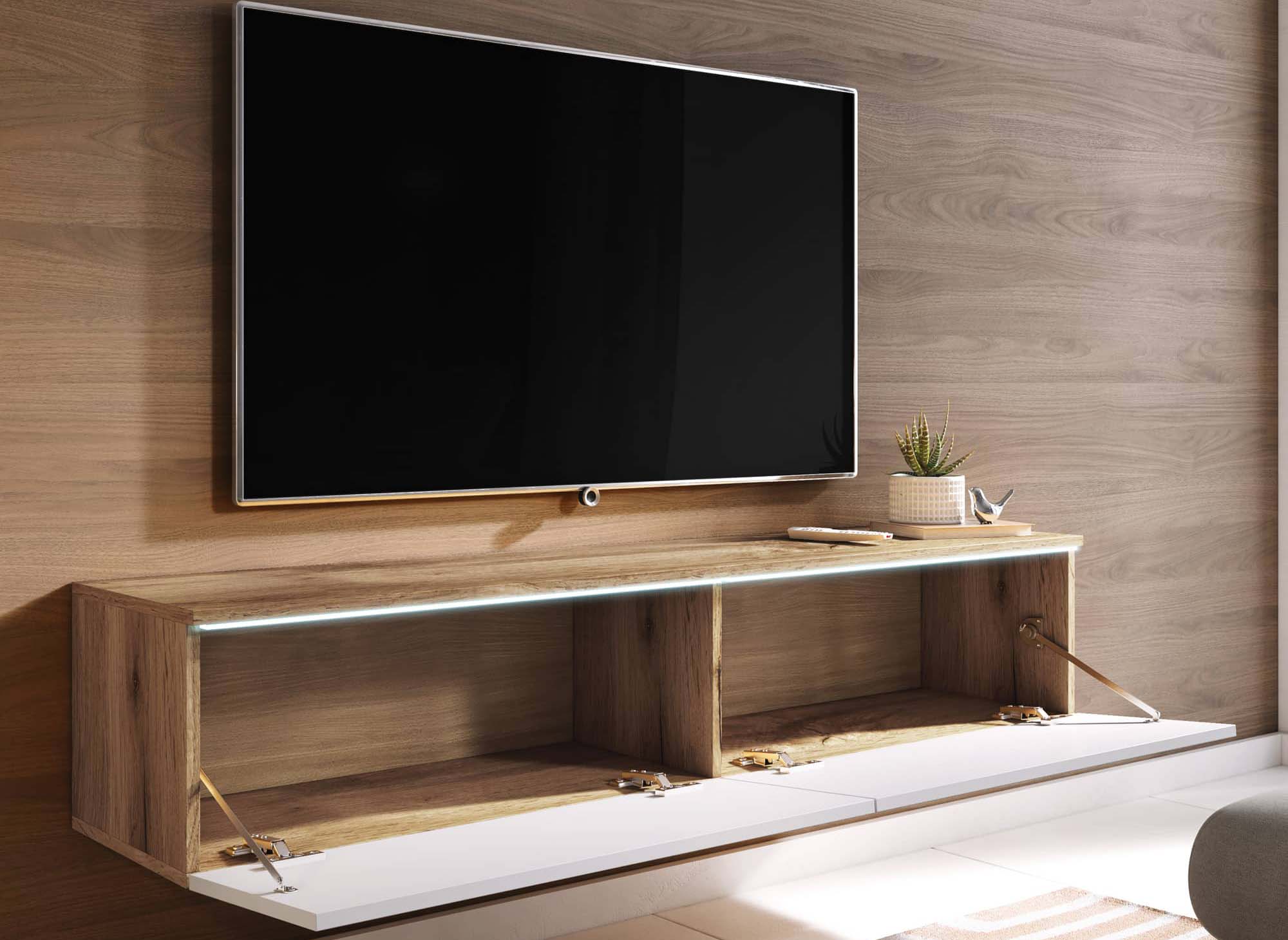 Meuble TV contemporain chêne et laqué blanc avec LED 2 portes MALORIE - 140 cm