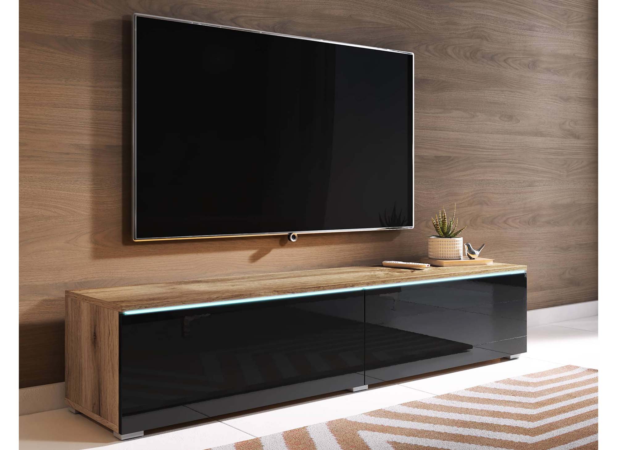 Meuble TV  chêne vieilli et noir laqué avec LED 2 portes MALORIE- 140 cm