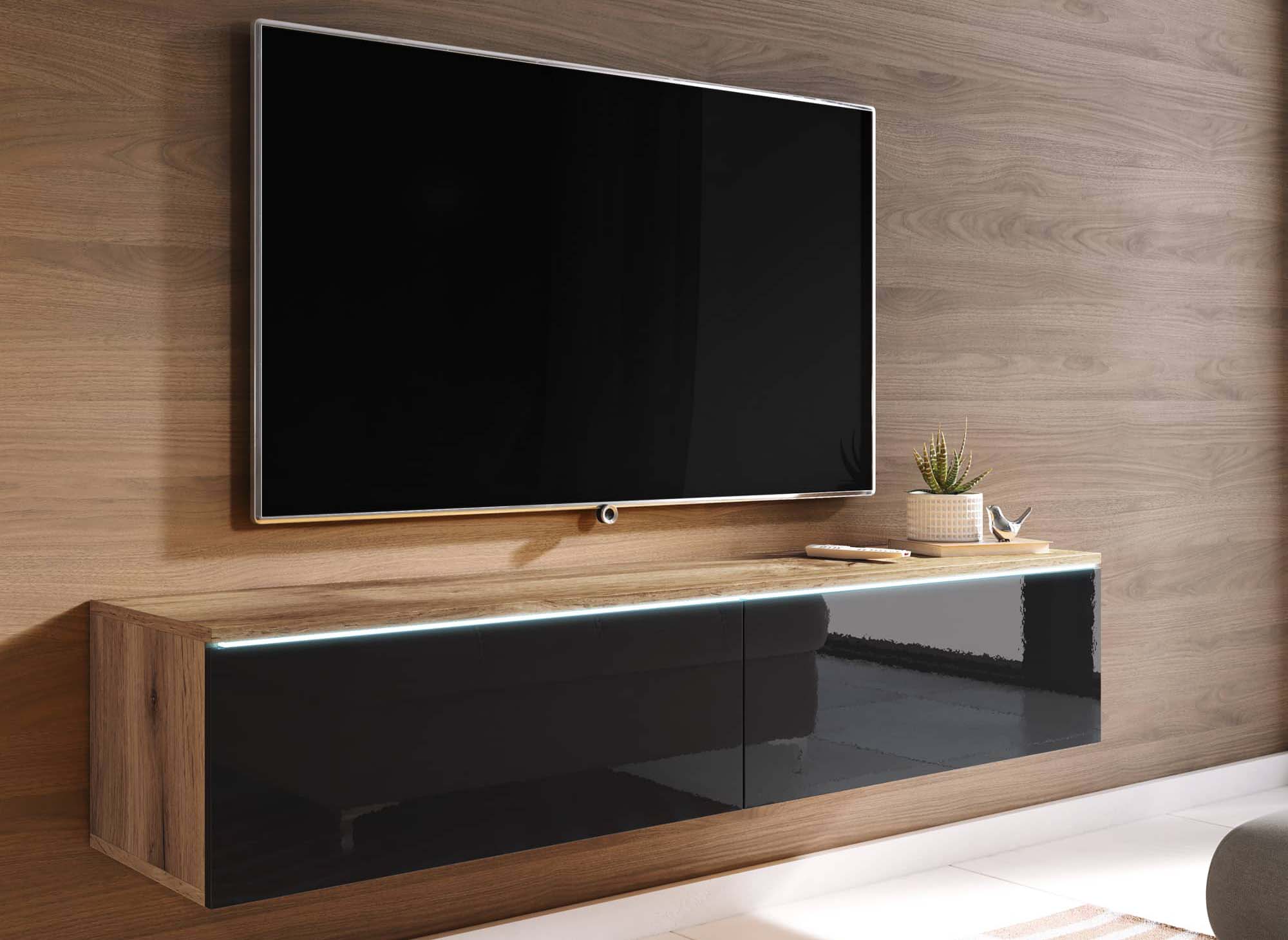Meuble TV  chêne vieilli et noir laqué avec LED 2 portes MALORIE- 140 cm