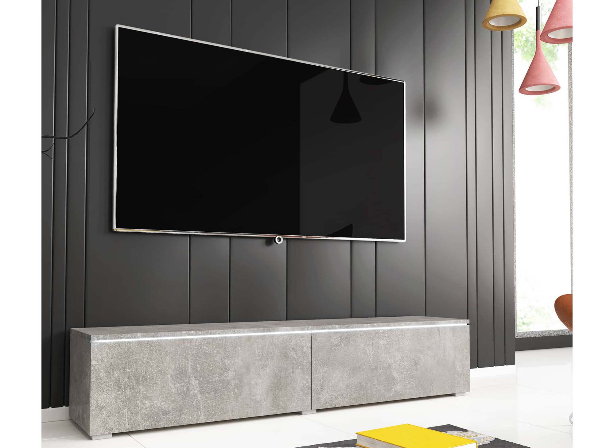Meuble TV contemporain gris béton avec LED 2 portes MALORIE - 140 cm