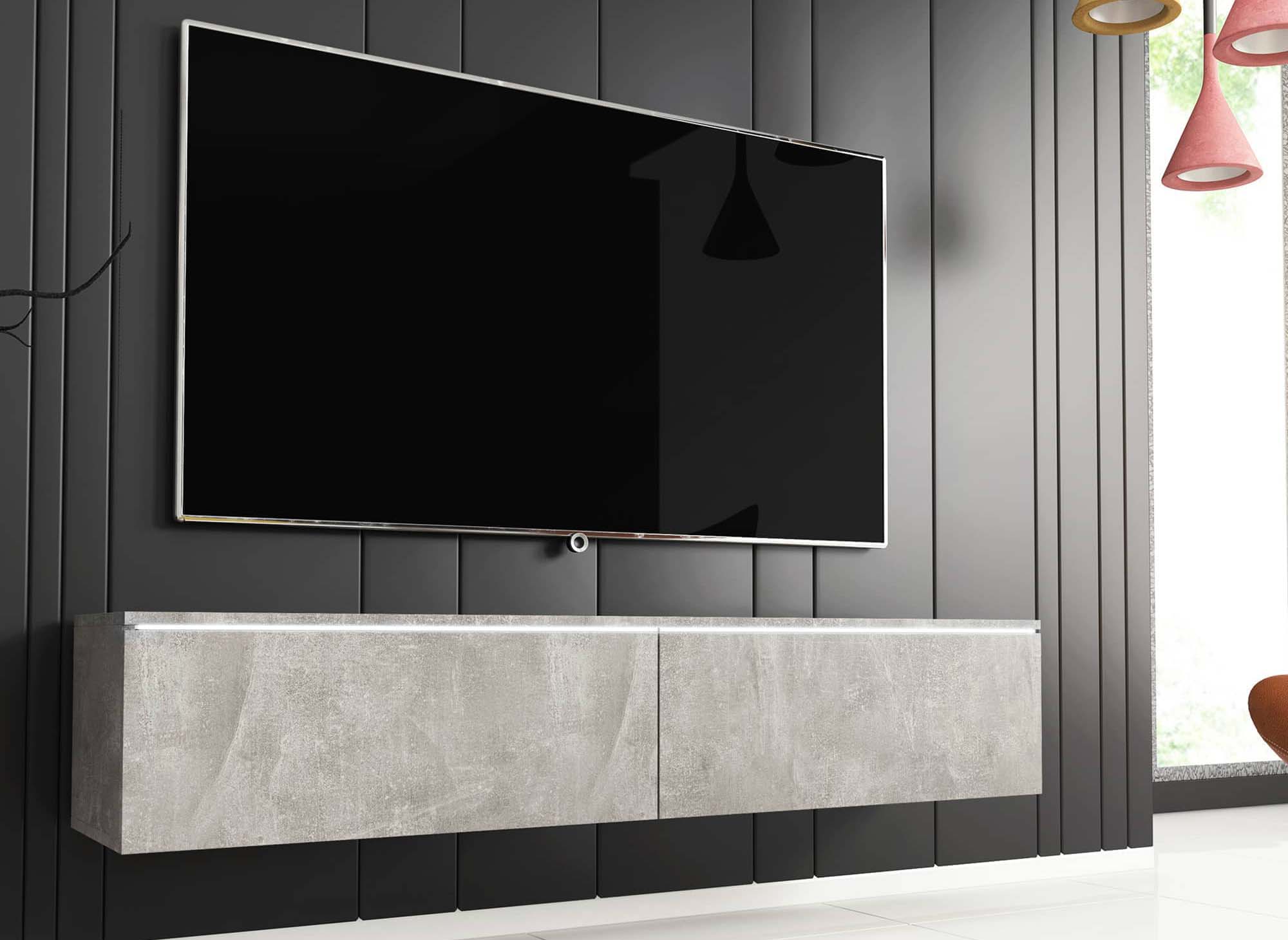 Meuble TV contemporain gris béton avec LED 2 portes MALORIE - 140 cm