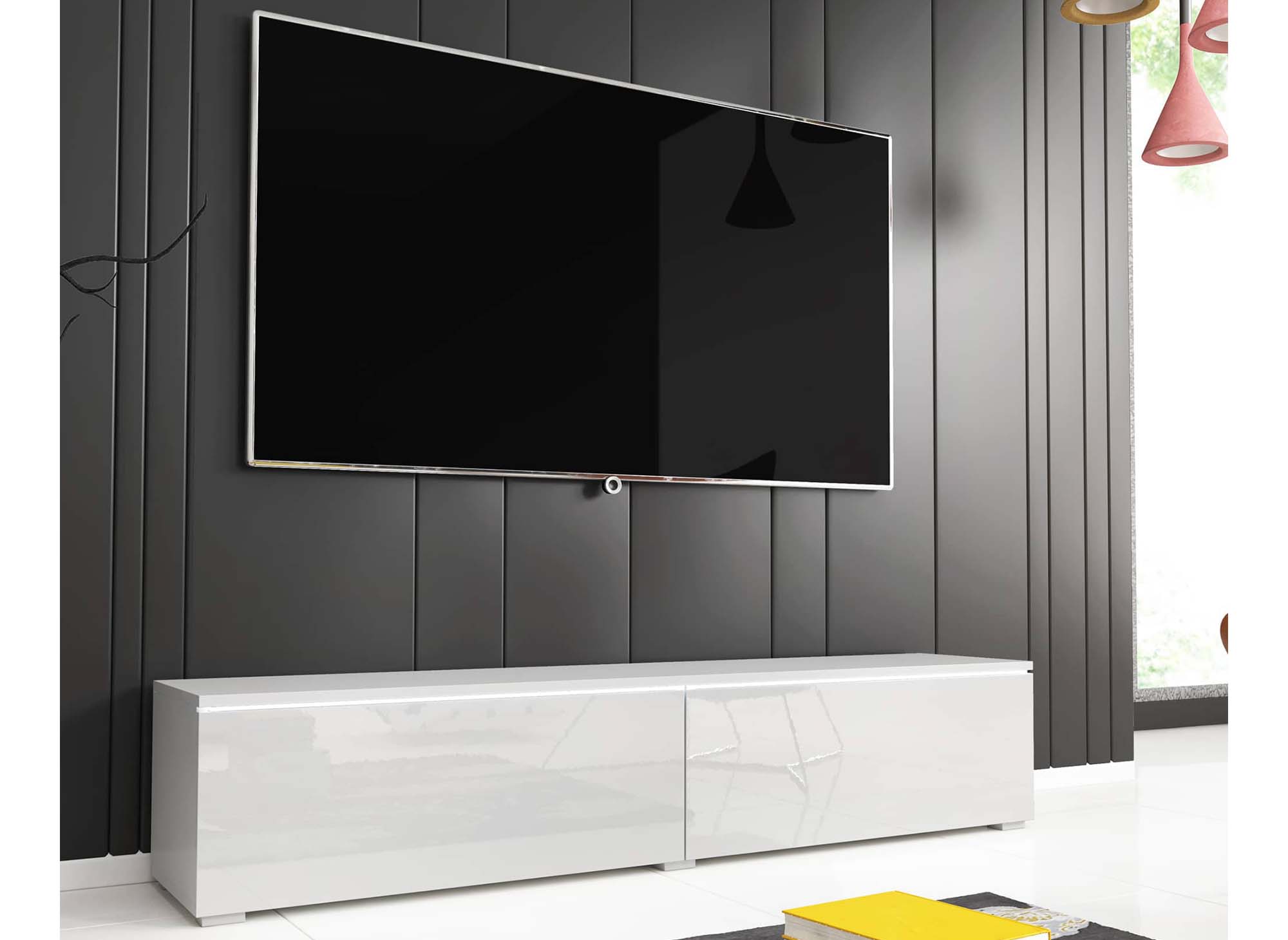Meuble TV contemporain laqué blanc avec LED 2 portes MALORIE - 140 cm