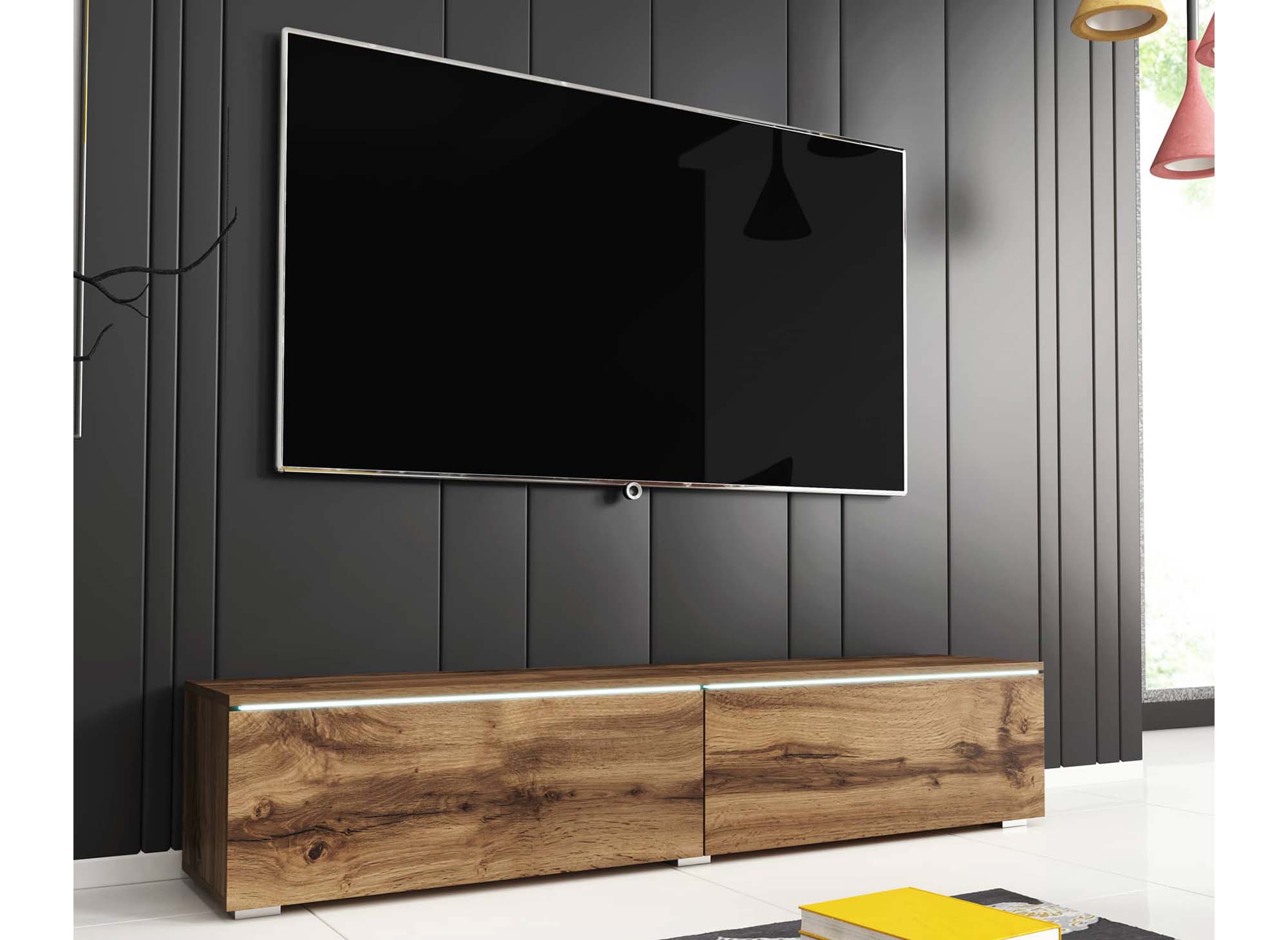 Meuble TV contemporain en chêne avec LED 2 portes MALORIE - 140 cm