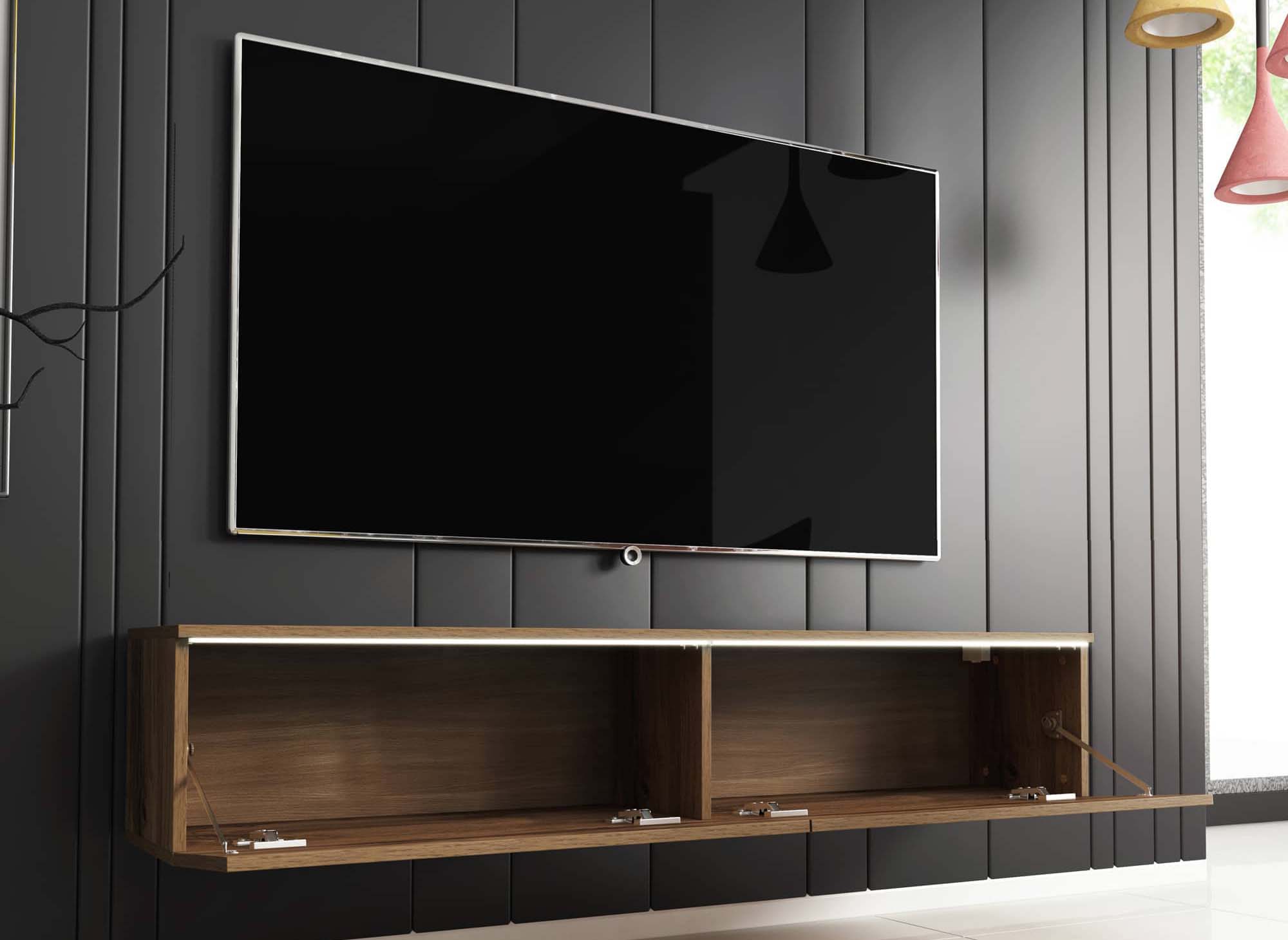 Meuble TV contemporain en chêne avec LED 2 portes MALORIE - 140 cm
