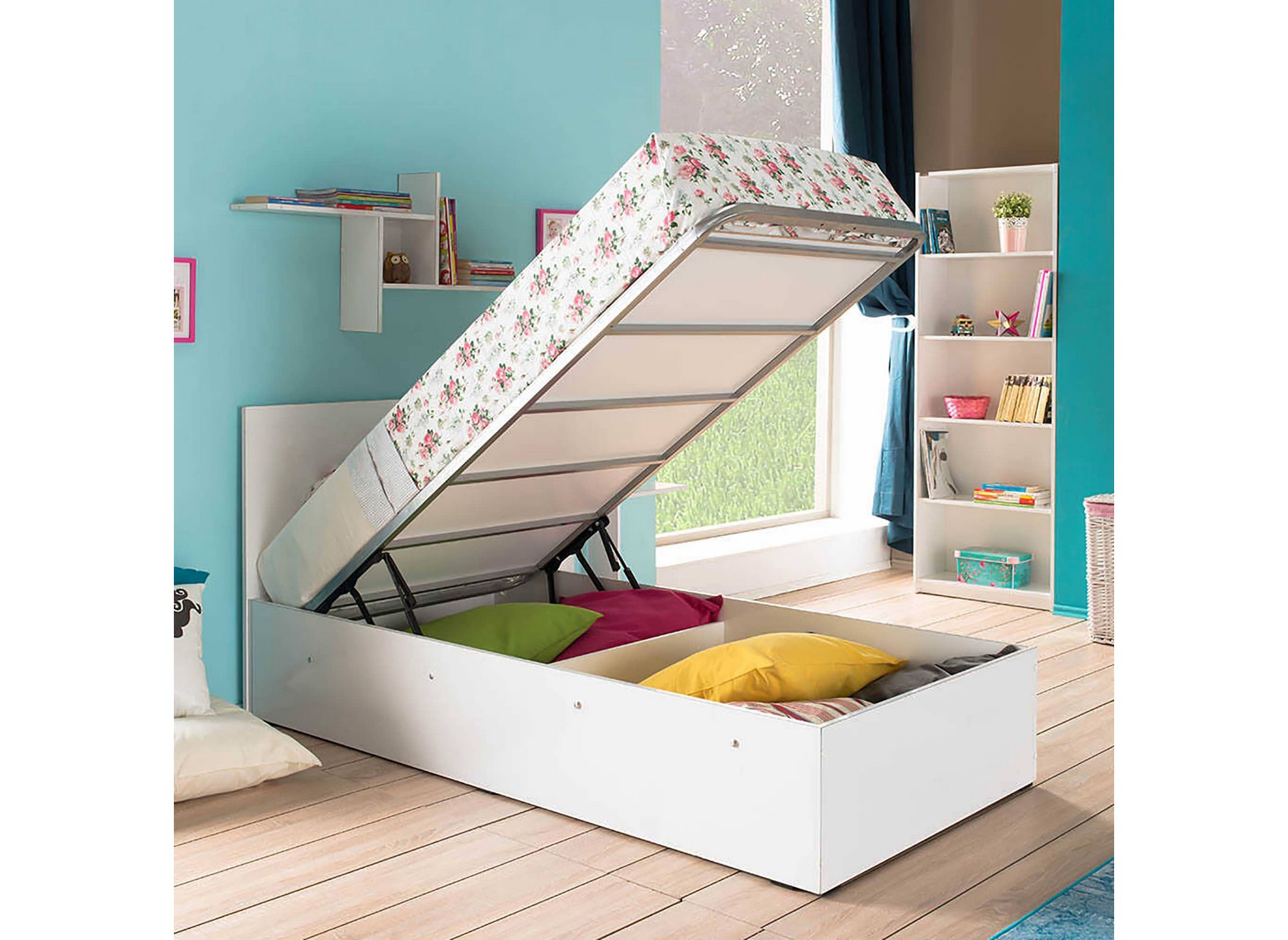 Lit blanc 1 place avec coffre de rangement 90 x 190 cm DINA DIP