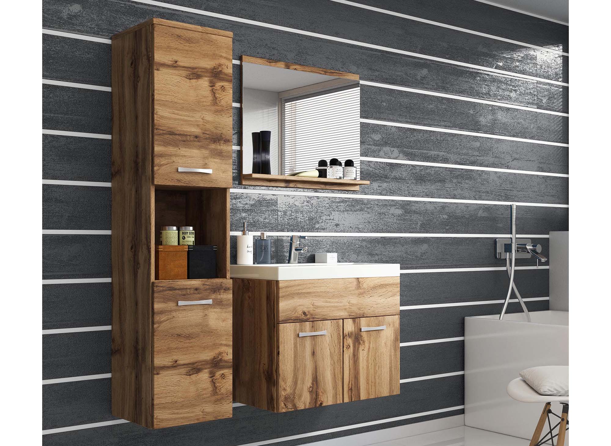 Ensemble meubles salle de bain suspendu - Bois effet vieilli HARMONY